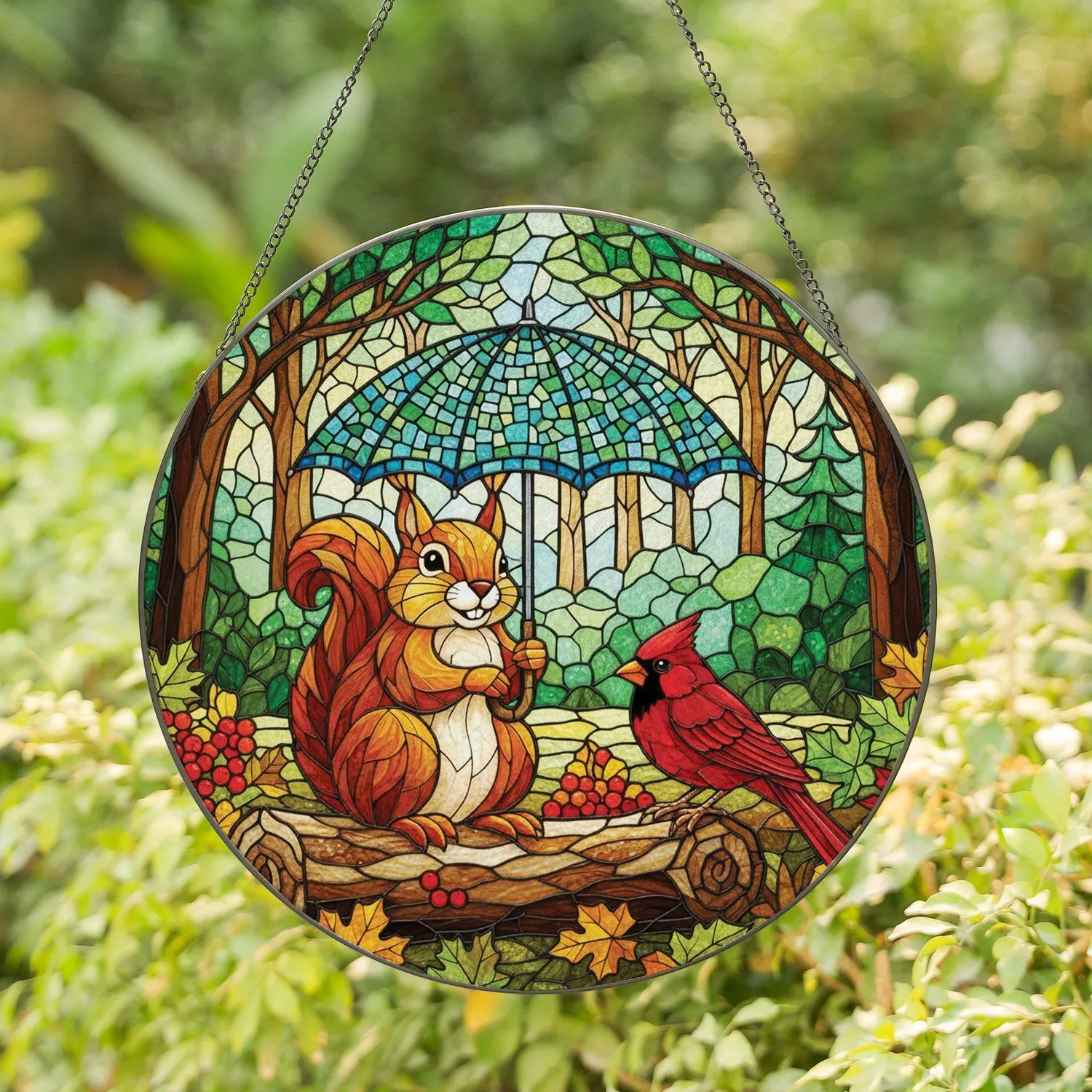 Chubby Squirrel Cardinal Umbrella Autumn Leaves - Wildlife Home Decor Gift Stained Glass Suncatcher - 1