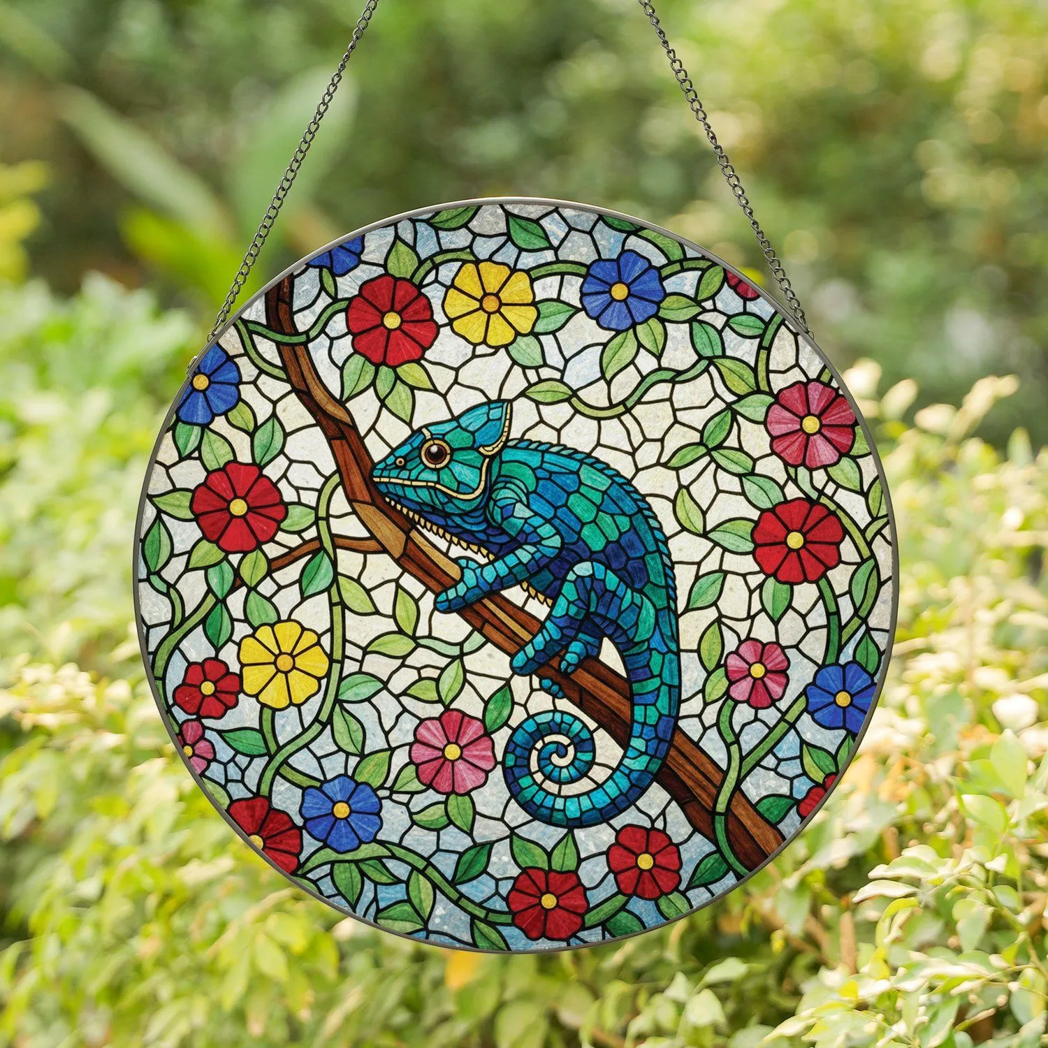 Chameleon Tree Branch Pink Yellow Flowers Green Leaves - Wildlife Lover Home Decor Gift Stained Glass Suncatcher - 1