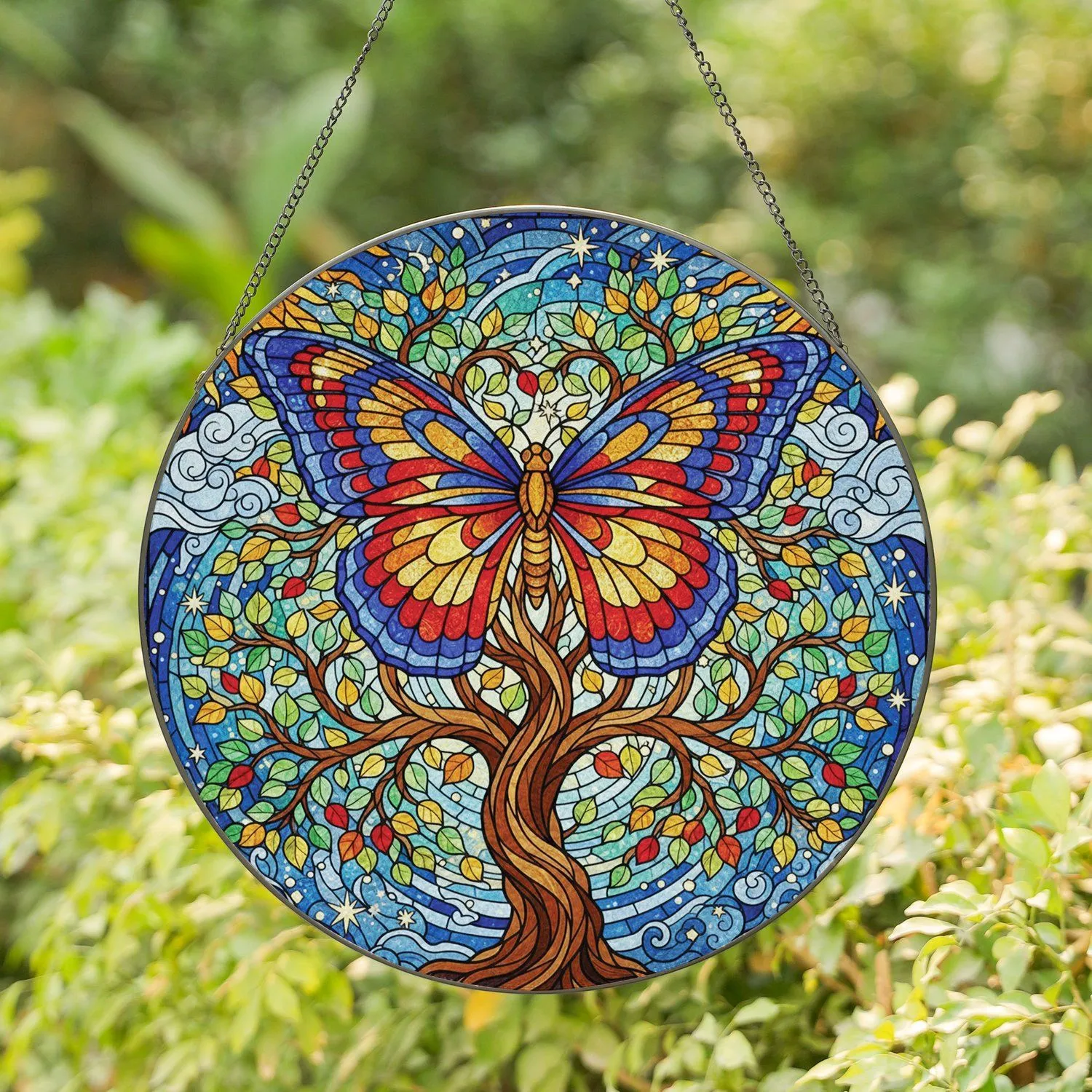 Majestic Butterfly Tree Crown Glass Leaves Celestial Sky Mosaic - Home Decor Gift Stained Glass Suncatcher - 1
