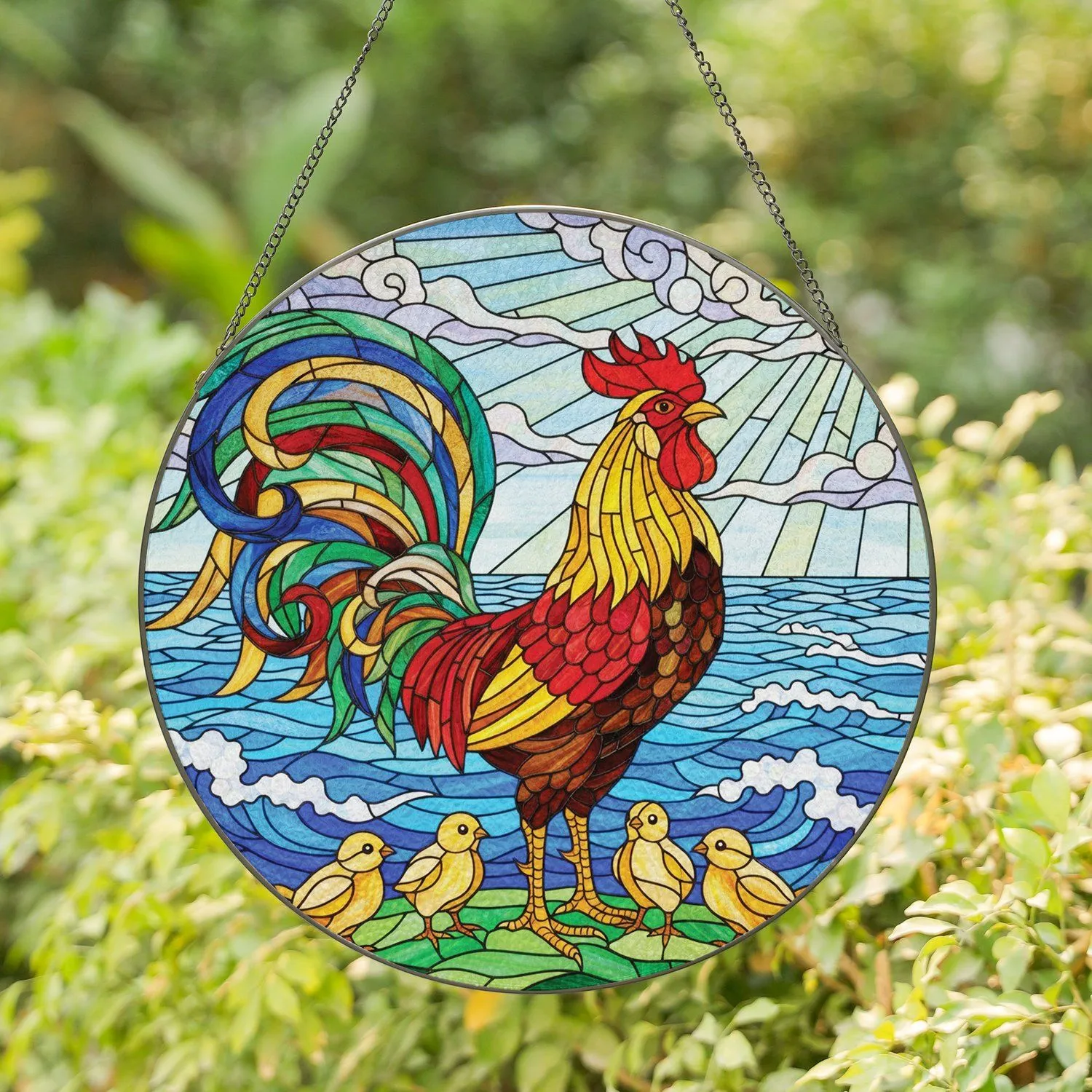 Majestic Rooster Chicks Serene Seascape - Farmhouse Home Decor Animal Lover Gift Stained Glass Suncatcher - 1