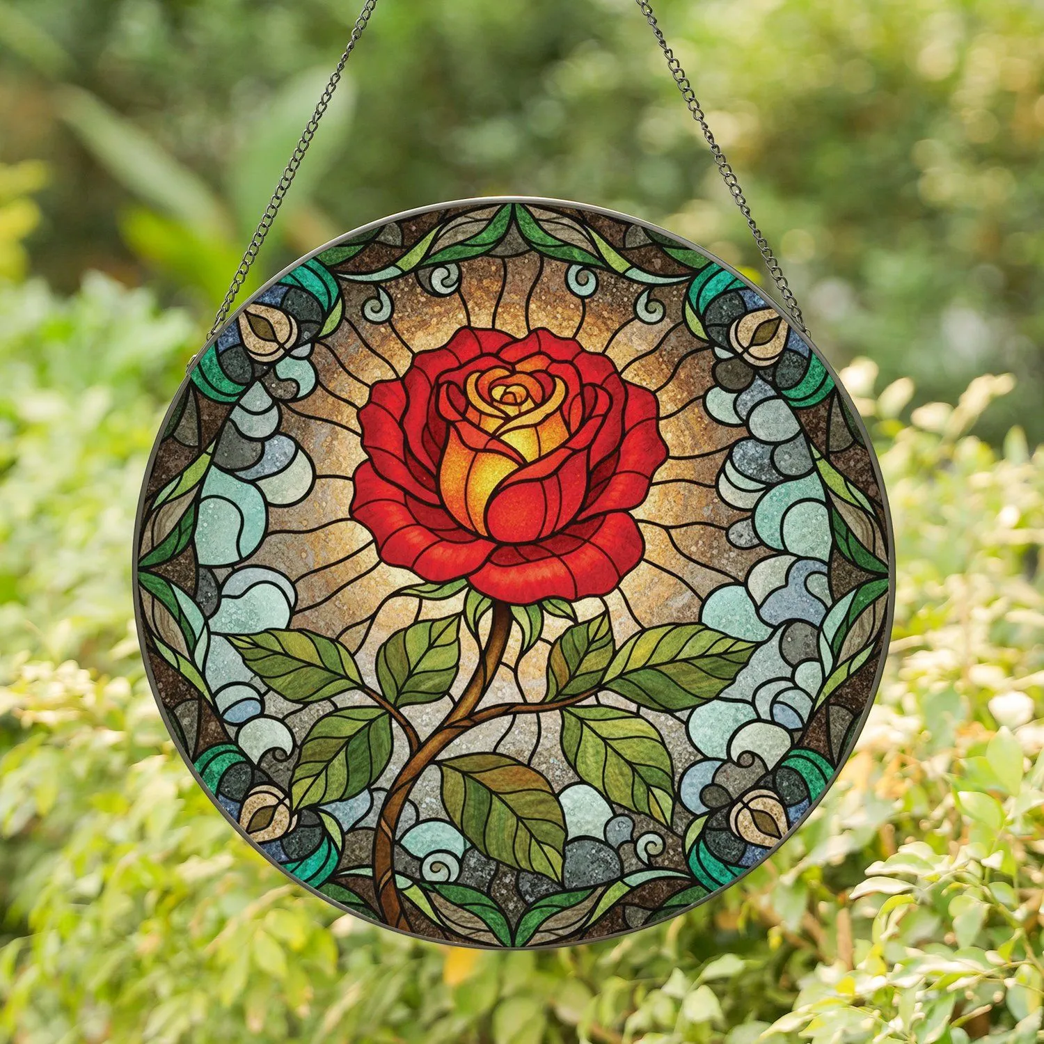 Red Rose Stained Glass Leaves Tiffany Home Decor Gift for Rose Lover Stained Glass Suncatcher - 1