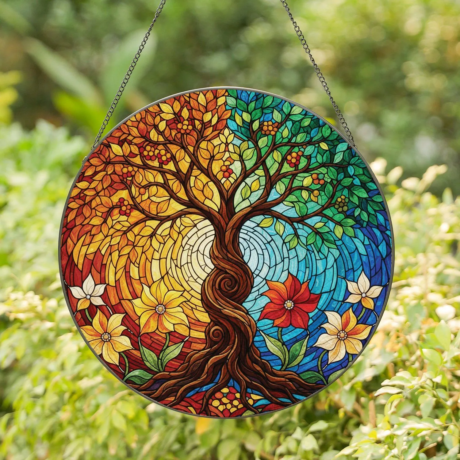 Twisting Tree of Life Flowers Leaves Organic Geometric Mosaic - Home Decor Gift Stained Glass Suncatcher - 1