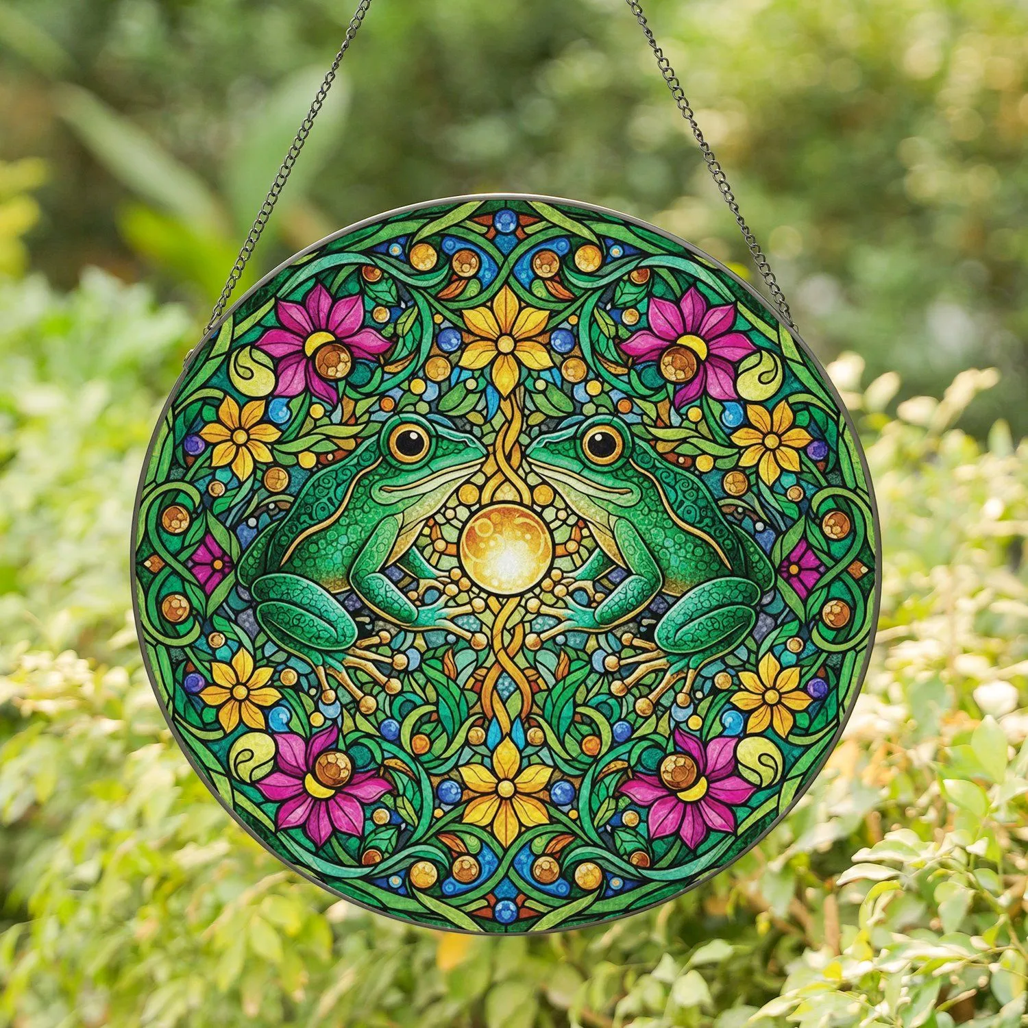 Tree Frogs Golden Orb Multi-Petaled Blossoms Filigree Vines - Home Decor Gift Wildlife Lover Stained Glass Suncatcher - 1