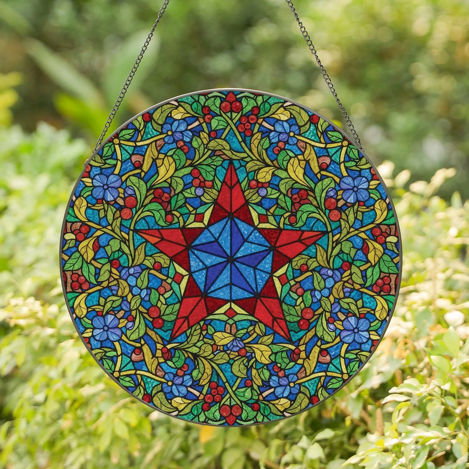 Tiffany Five-Pointed Star Organic Leaves Flowers Berry Clusters - Home Decor Gift Stained Glass Suncatcher - 1