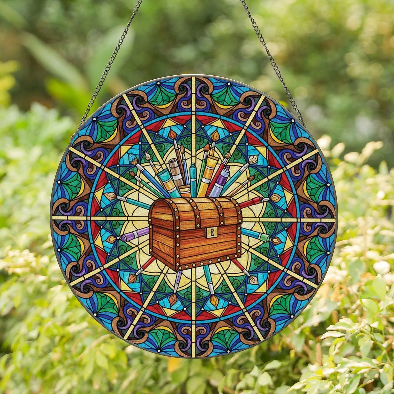 Overflowing Art Supplies Chest Stained Glass Mosaic Ornate Border - Art Lover Home Decor Gift Stained Glass Suncatcher - 1