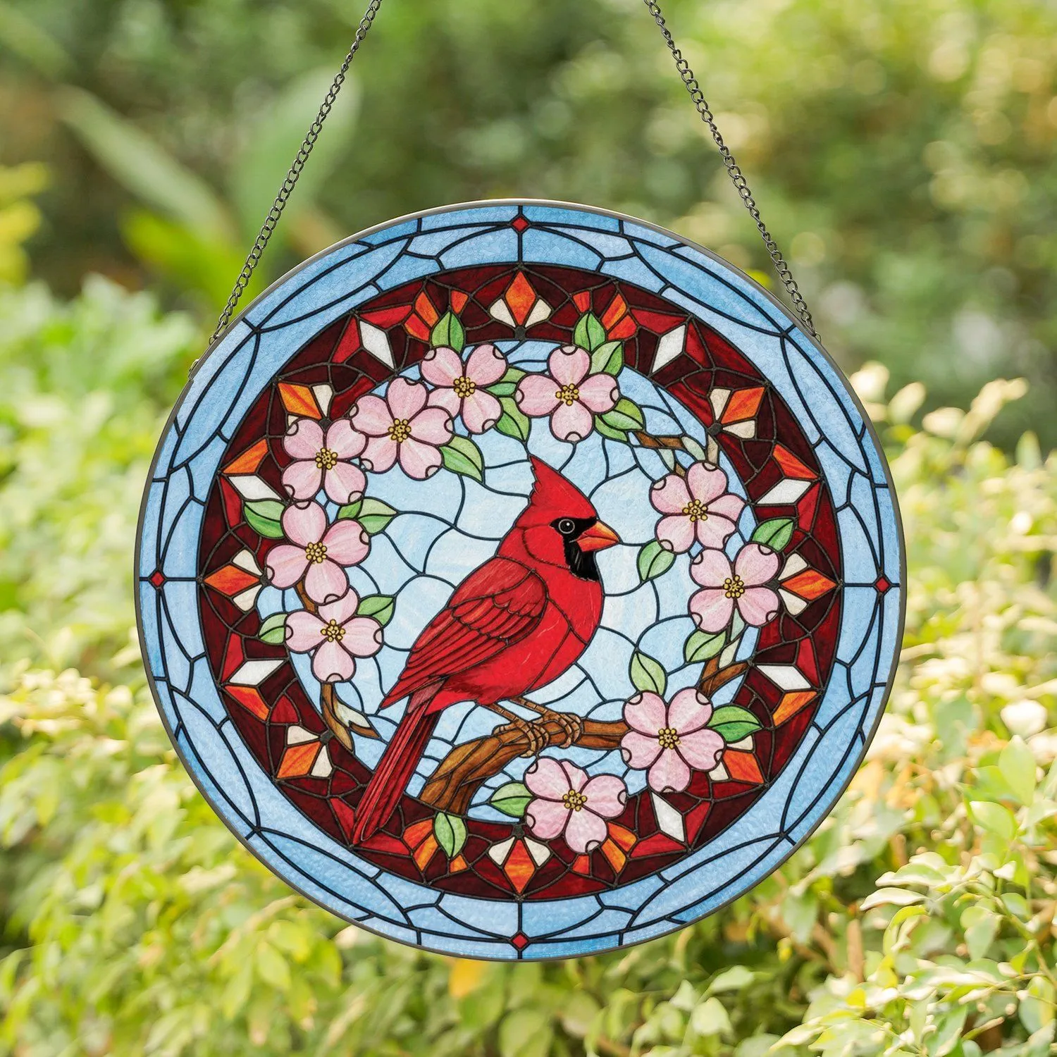 Tiffany Glass Cardinal Dogwood Sky Mosaic - Home Decor Gift for Bird Lovers Stained Glass Suncatcher - 1