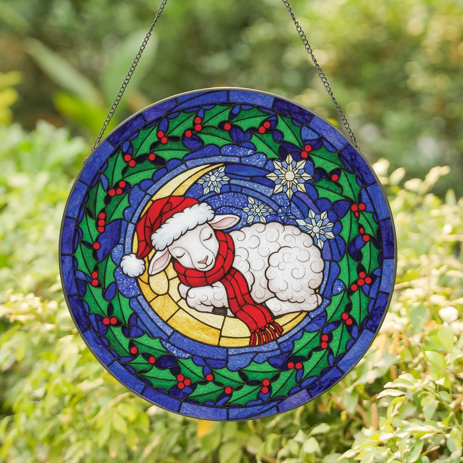 Sleeping Lamb Santa Hat Golden Moon Starry Sky Snowflake - Christmas Home Decor Gift for Lamb Lover Stained Glass Suncatcher - 1