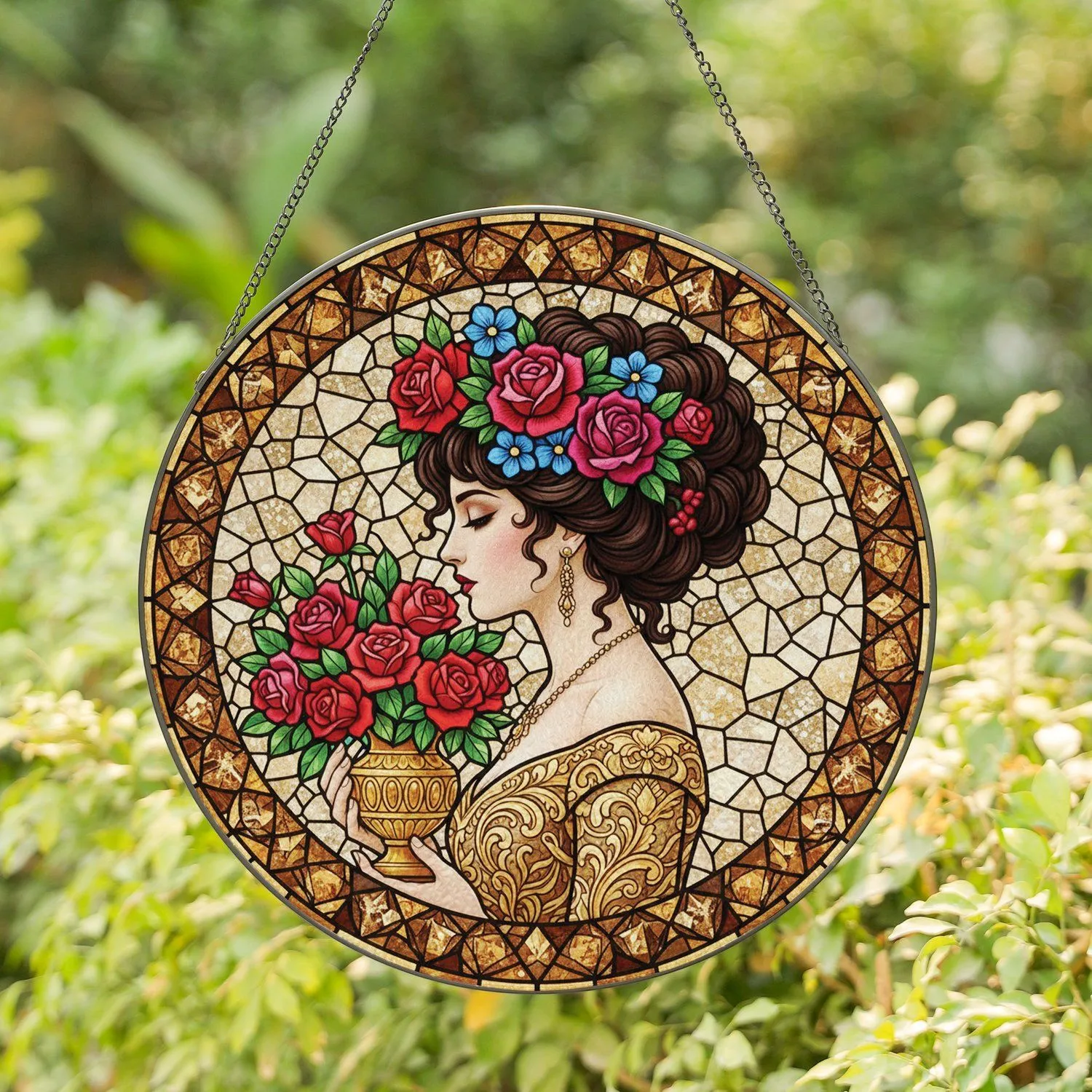 Graceful Woman Floral Headpiece Rose Bouquet Gown Gold Filigree Mosaic - Home Decor Gift Stained Glass Suncatcher - 1
