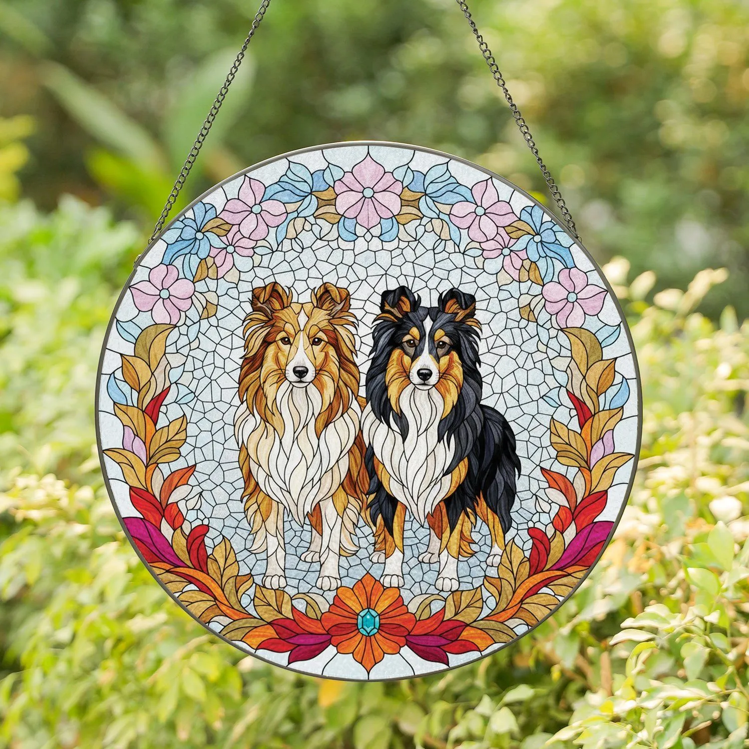 Shetland Sheepdog Sheltie Floral Border Tiffany Glass Home Decor Gift for Dog Lover Stained Glass Suncatcher - 1