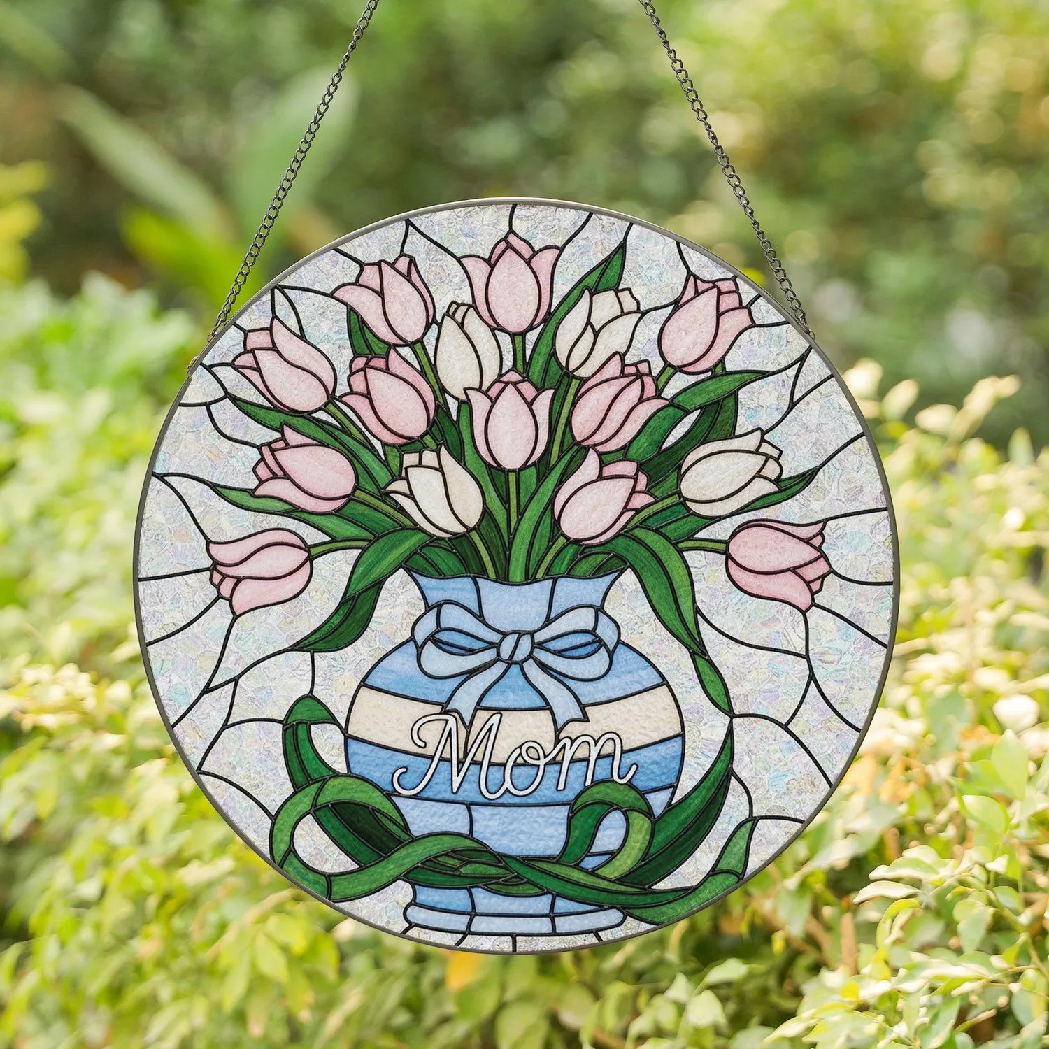Bountiful Pink White Tulip Blossoms Green Stems Mom Vase - Mother's Day Home Decor Gift Stained Glass Suncatcher - 1