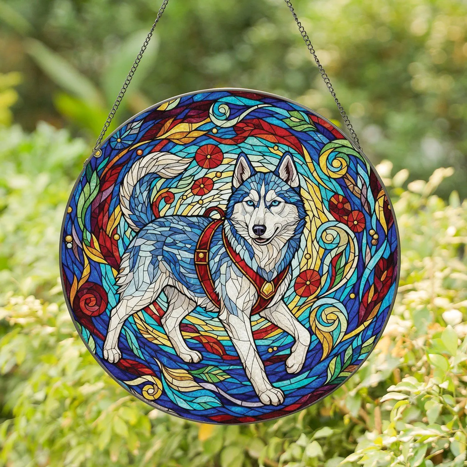 Siberian Husky Dog Blue Eyes Stained Glass Jewel Tones - Dog Lover Home Decor Gift Stained Glass Suncatcher - 1