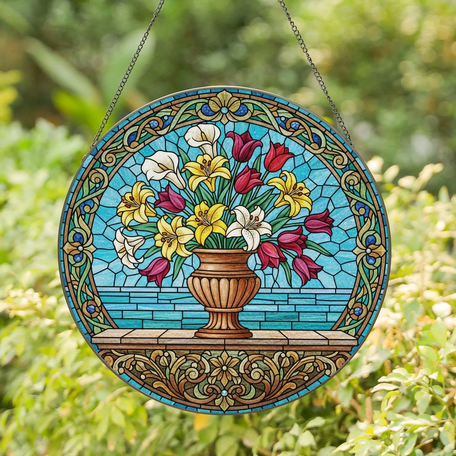 Bronze Vase Lily Tulip Bouquet Ornamental Floral Frame - Home Decor Gift Stained Glass Suncatcher - 1