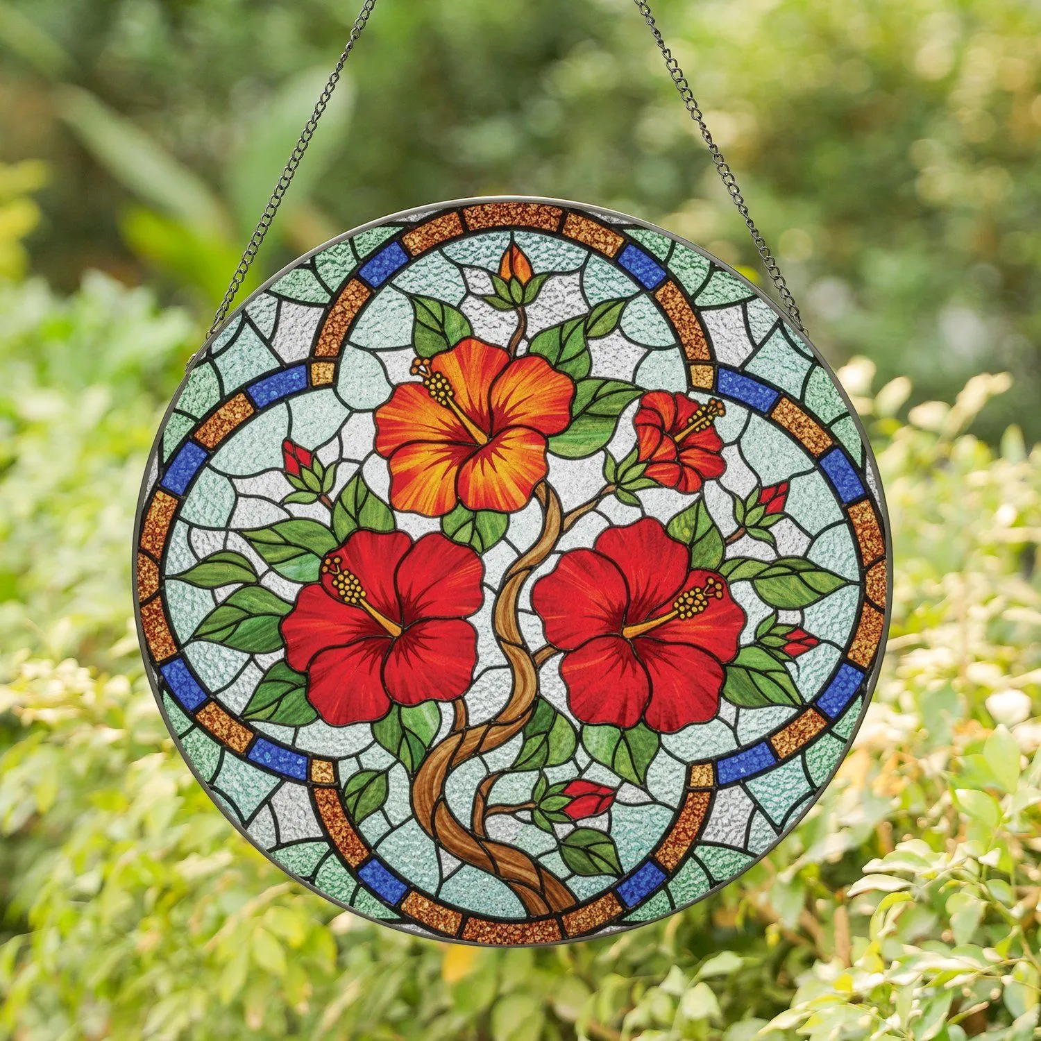 Hibiscus Flowers Quatrefoil Border - Home Decor Gift for Nature Lover Stained Glass Suncatcher - 1