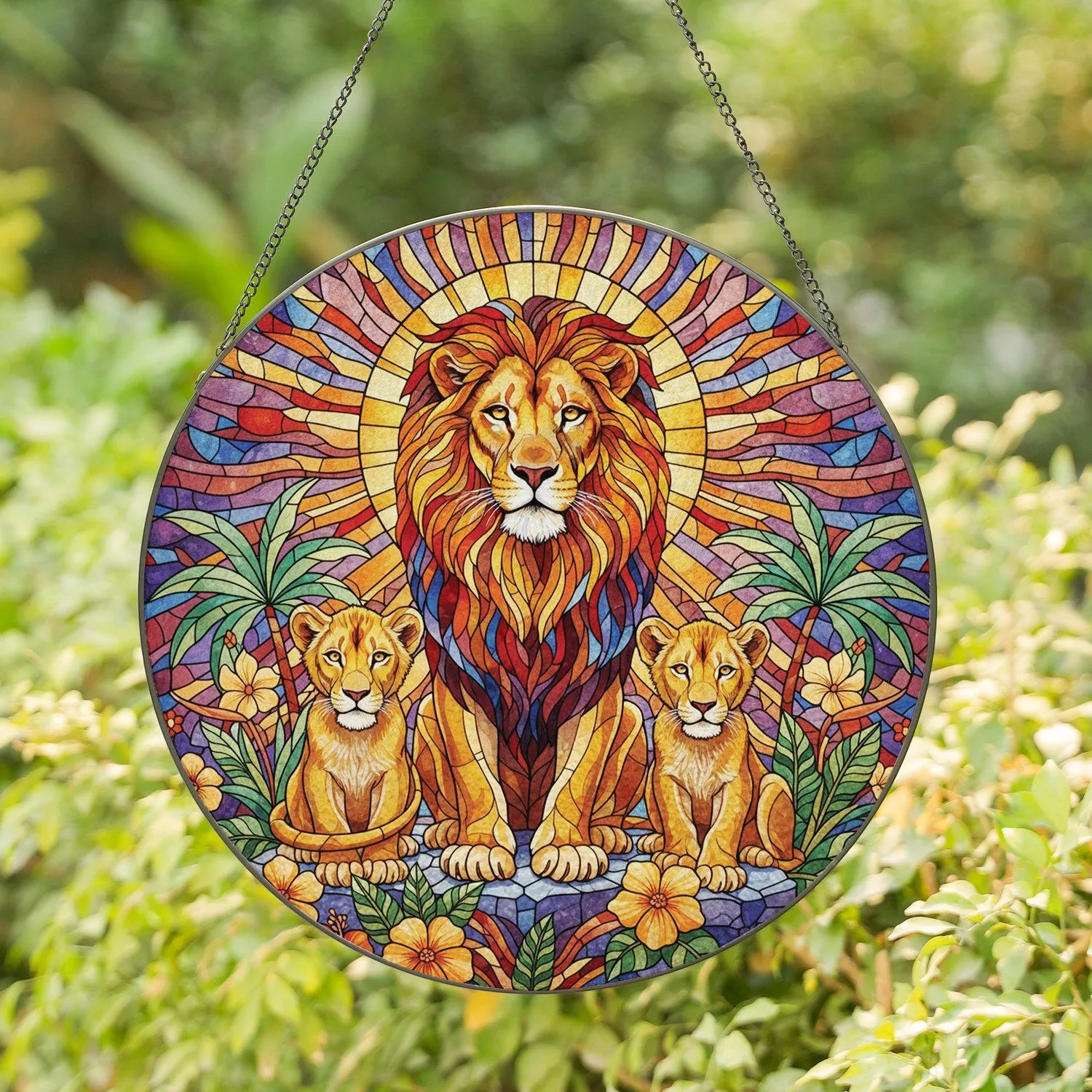 Male Lion Two Smaller Lions Tropical Flowers Radiant Geometric Sky Halo - Wildlife Lover Gift Stained Glass Suncatcher - 1