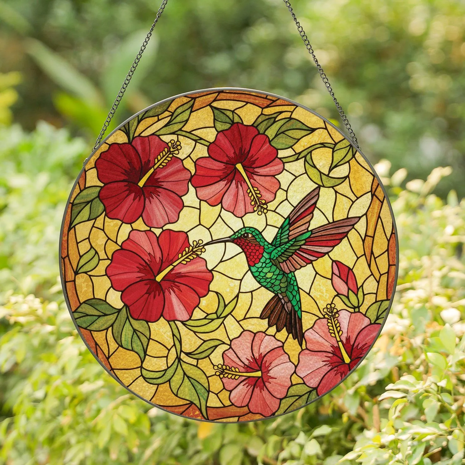 Iridescent Hummingbird Hibiscus Flowers Green Foliage - Home Decor Gift for Bird Lovers Stained Glass Suncatcher - 1