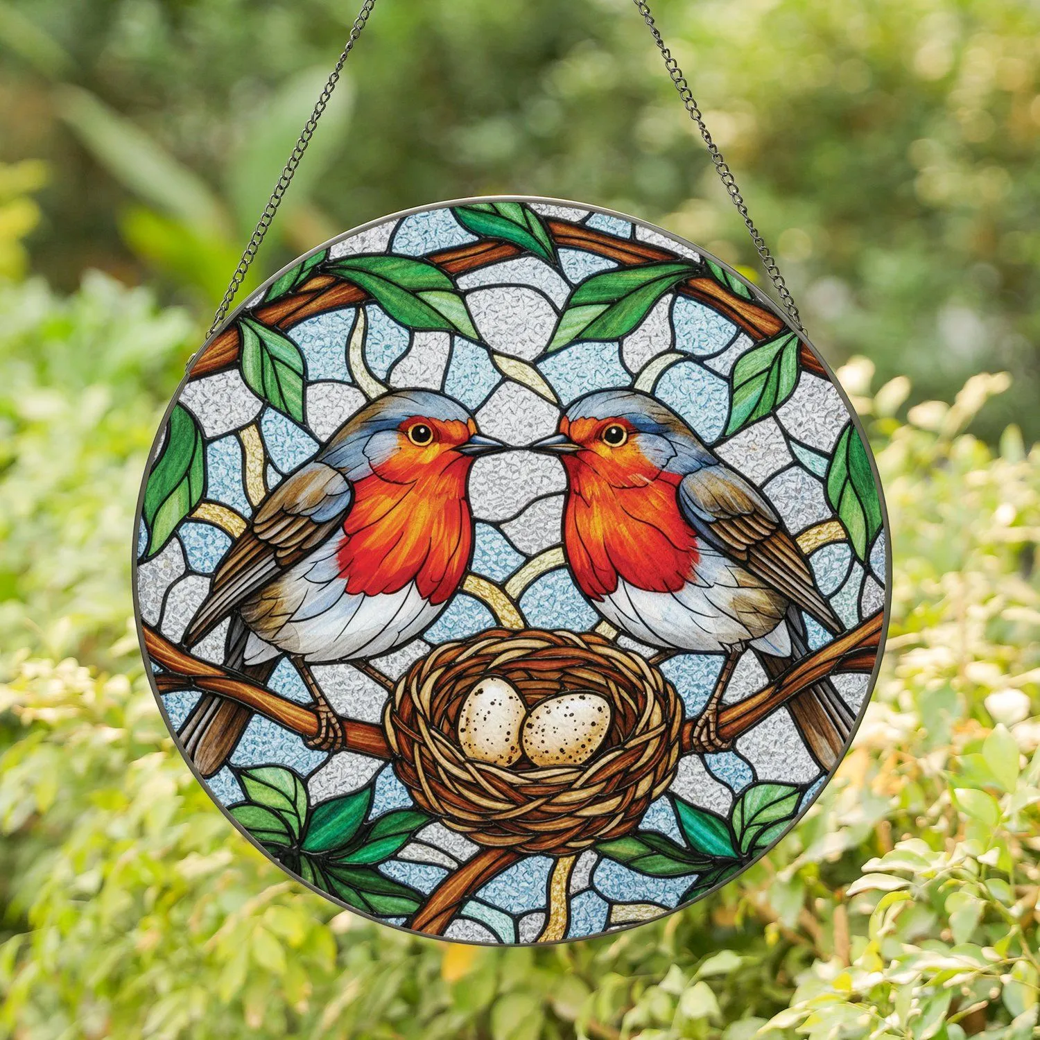 European Robins Bird Nest Eggs, Green Leaves, Slender Branches Wildlife Home Decor Gift Stained Glass Suncatcher - 1