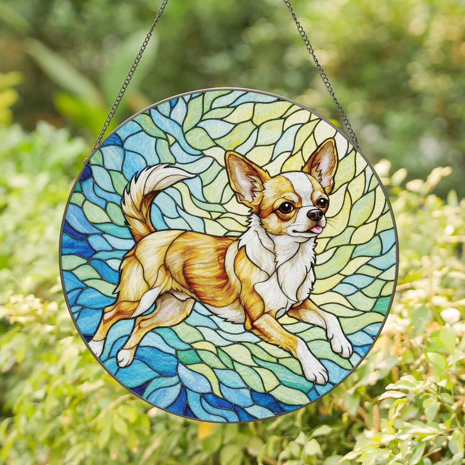 Playful Energetic Leaping Chihuahua Dog Jewel Tones - Home Decor Gift for Dog Lovers Stained Glass Suncatcher - 1