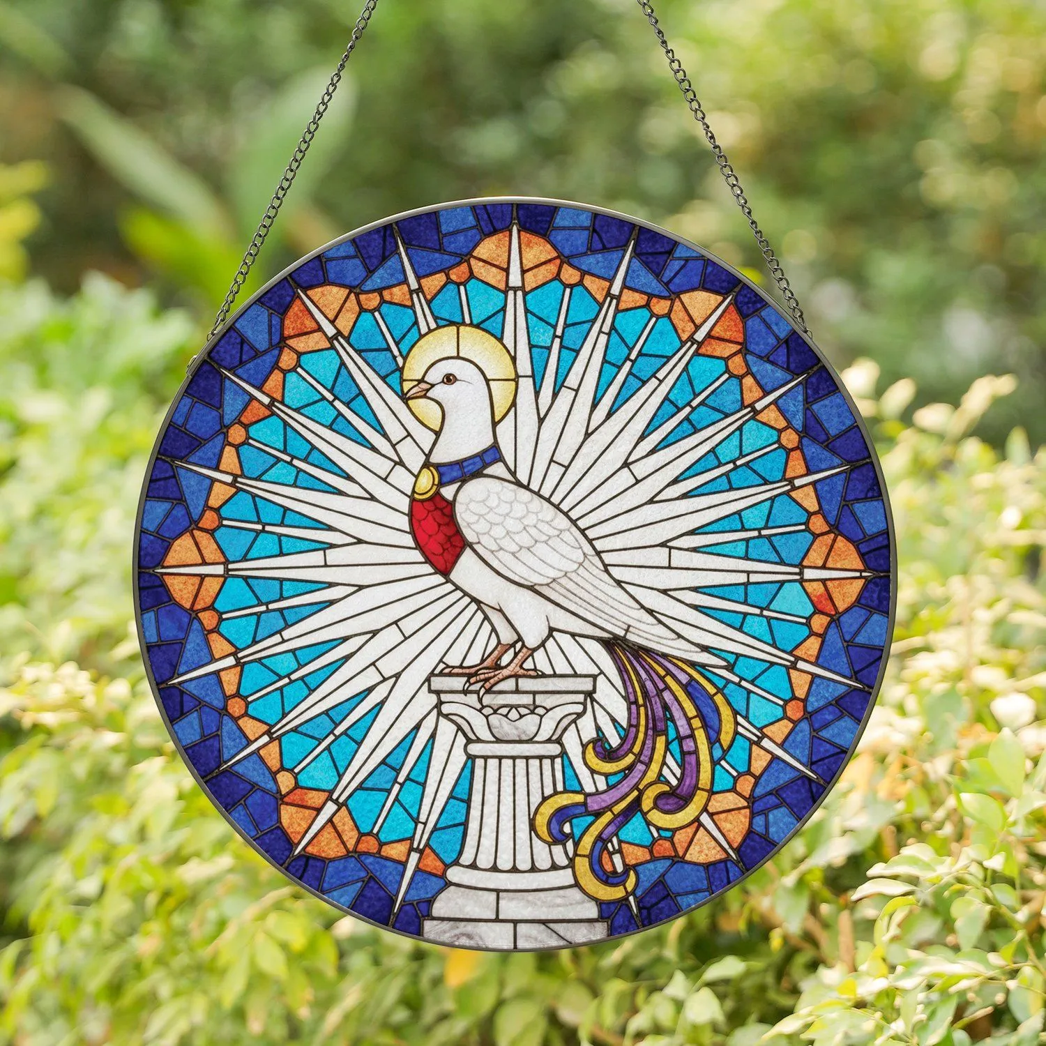 White Dove Golden Halo Pedestal Geometric Mosaic Starburst - Wildlife Lover Home Decor Gift Stained Glass Suncatcher - 1