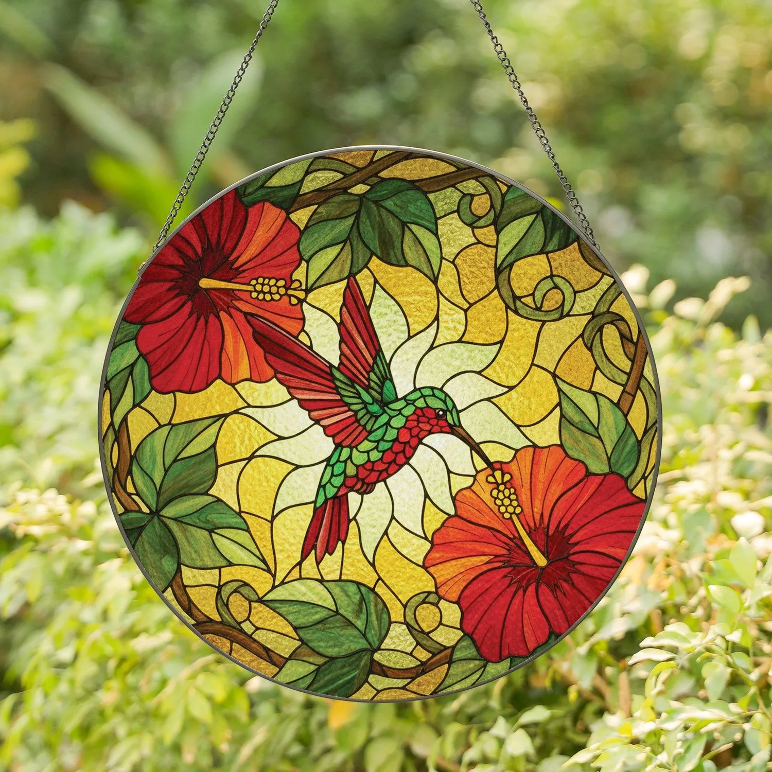 Vibrant Hummingbird Hibiscus Flowers Green Leaves - Home Decor Gift for Nature Lovers Stained Glass Suncatcher - 1