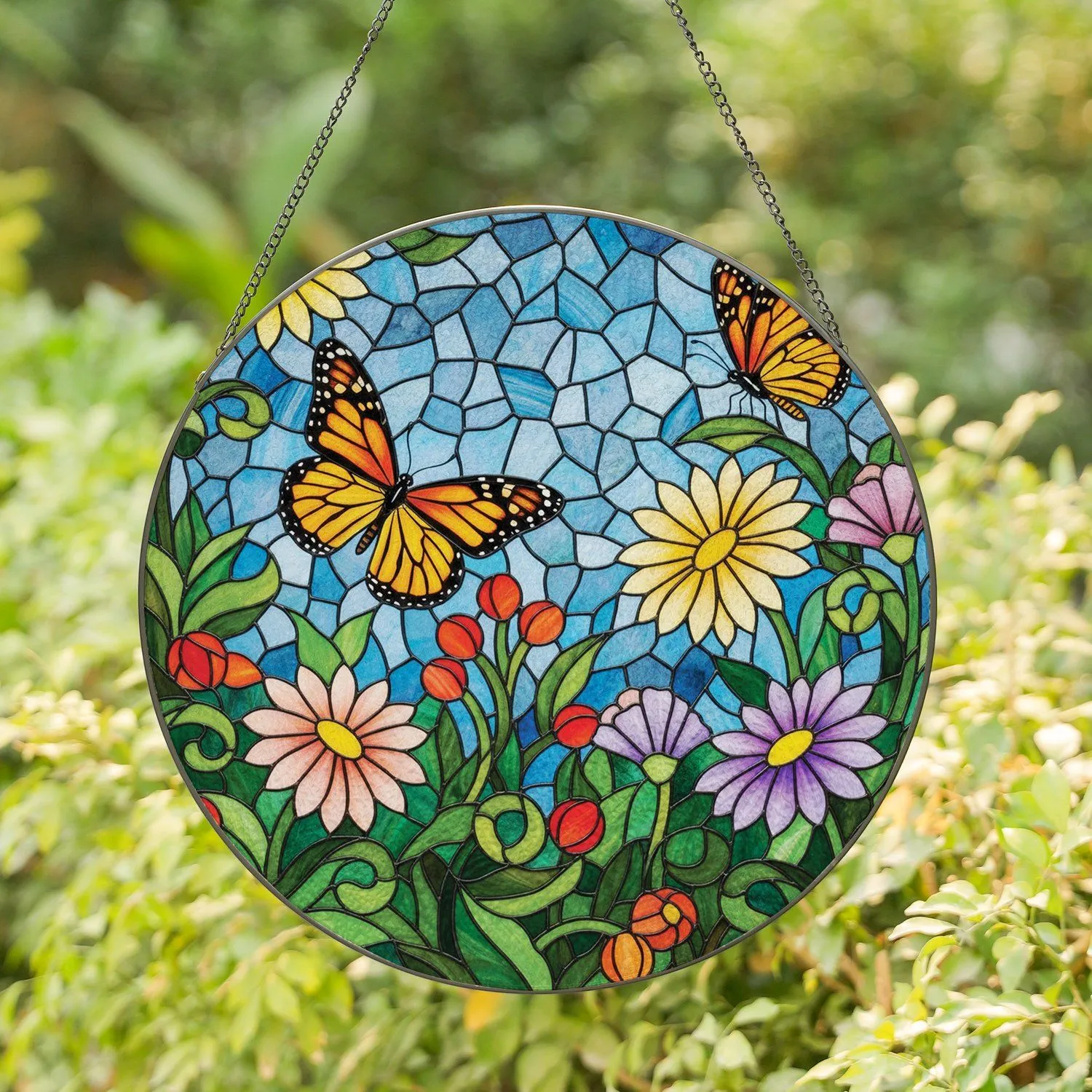Monarch Butterflies Vibrant Stained Glass Garden - Home Decor Gift for Butterfly Lover Stained Glass Suncatcher - 1