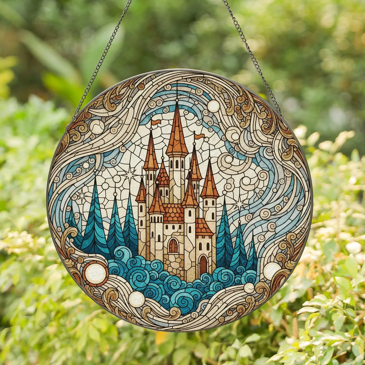 Fairytale Castle Evergreen Trees Celestial Moons Stars - Home Decor Gift for Fantasy Lover Stained Glass Suncatcher - 1