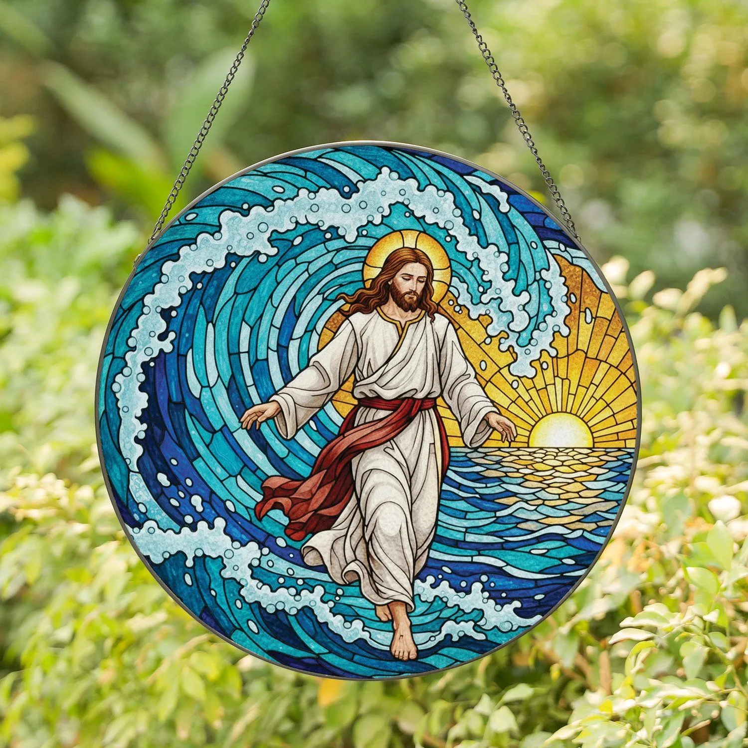 Jesus Christ Walking Water Turbulent Ocean Seascape Radiant Sun - Home Decor Gift Stained Glass Suncatcher - 1