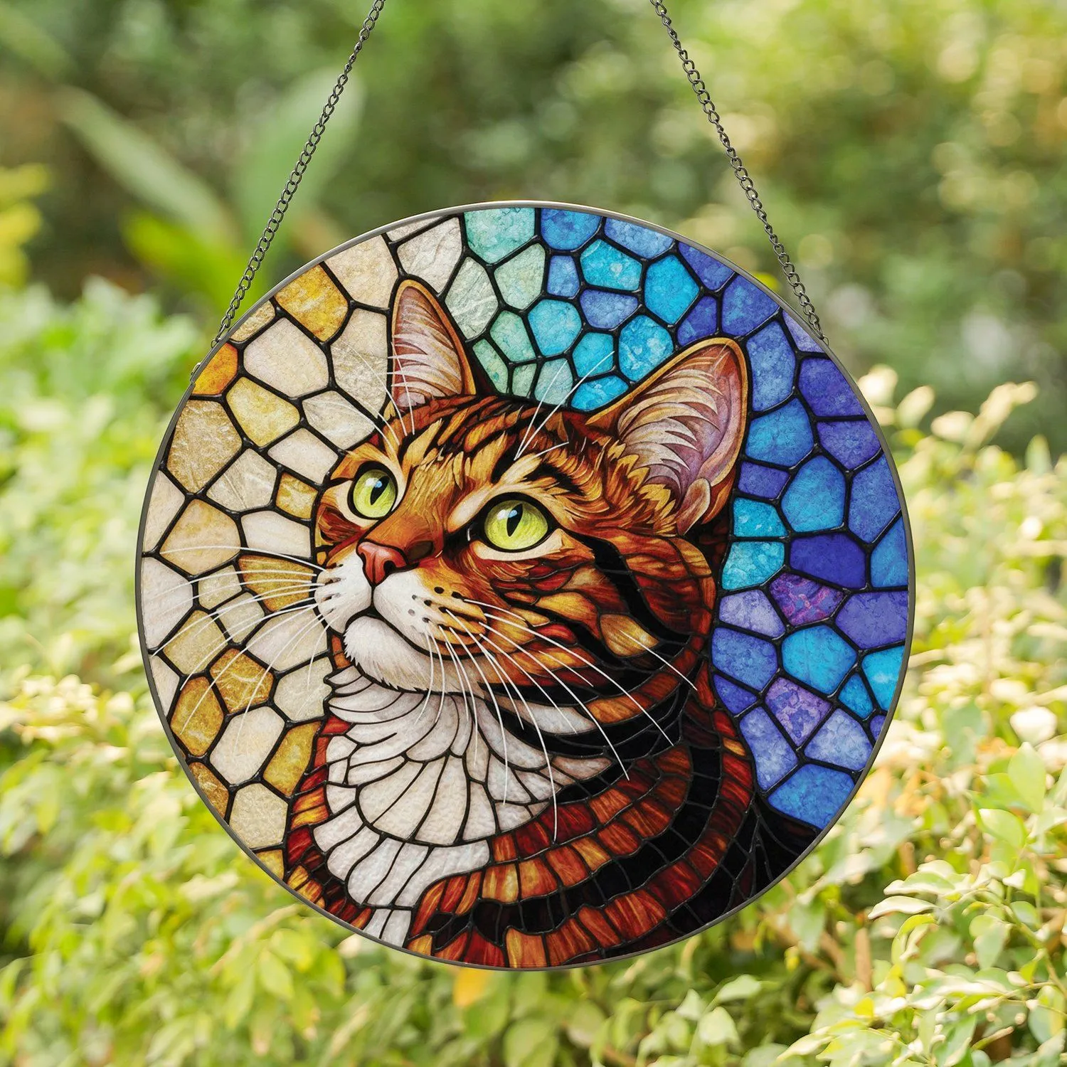 Luminous Yellow-Green Eyes Tiffany Glass Tabby Cat - Home Decor Gift for Cat Lover Stained Glass Suncatcher - 1
