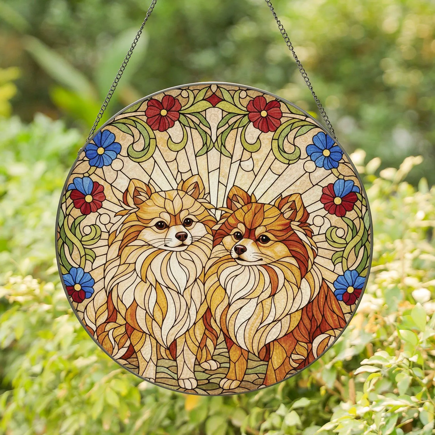 Fluffy Pomeranian Dogs Botanical Landscape - Home Decor Gift for Dog Lovers Stained Glass Suncatcher - 1
