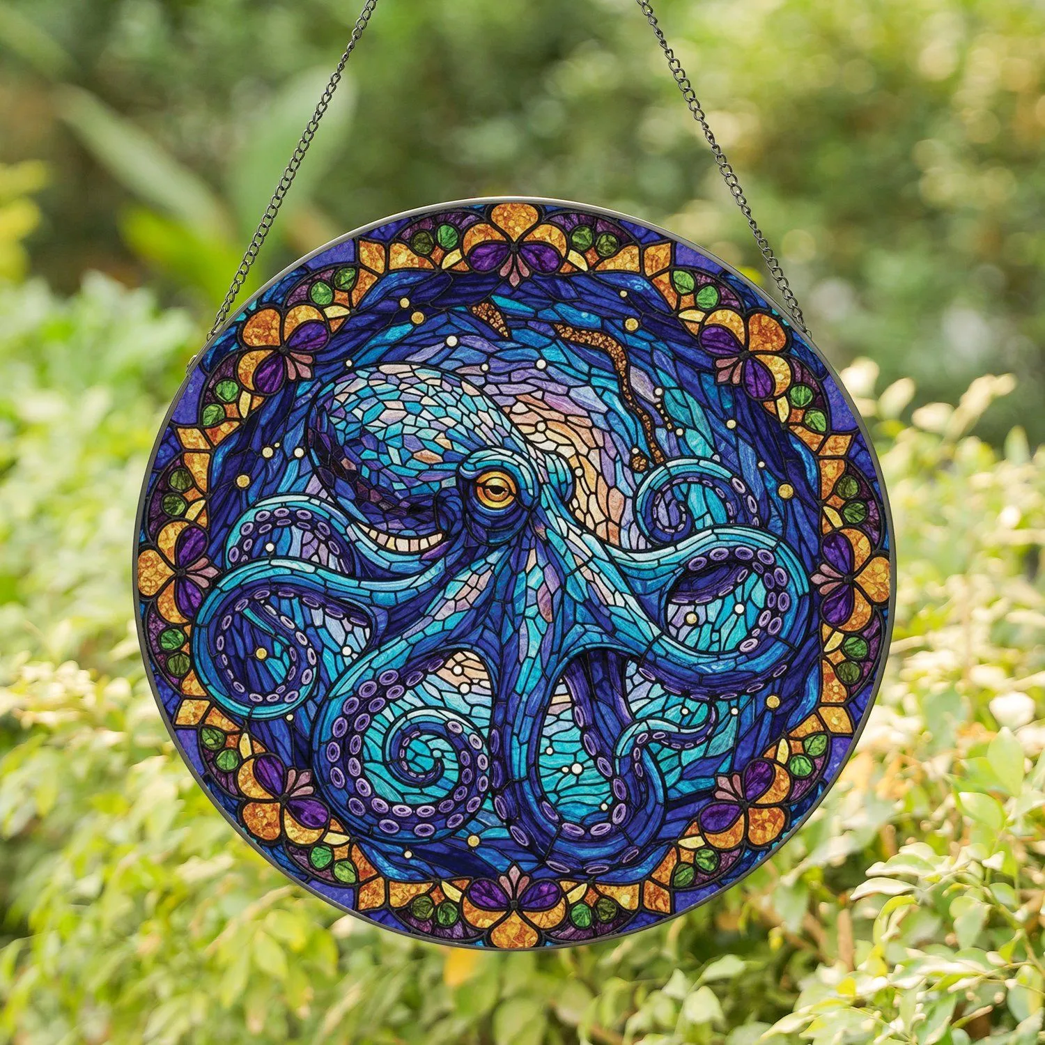 Octopus Suckers Floral Clover Deep Water Nebulae - Home Decor Gift for Ocean Lover Sea Life Collector Stained Glass Suncatcher - 1