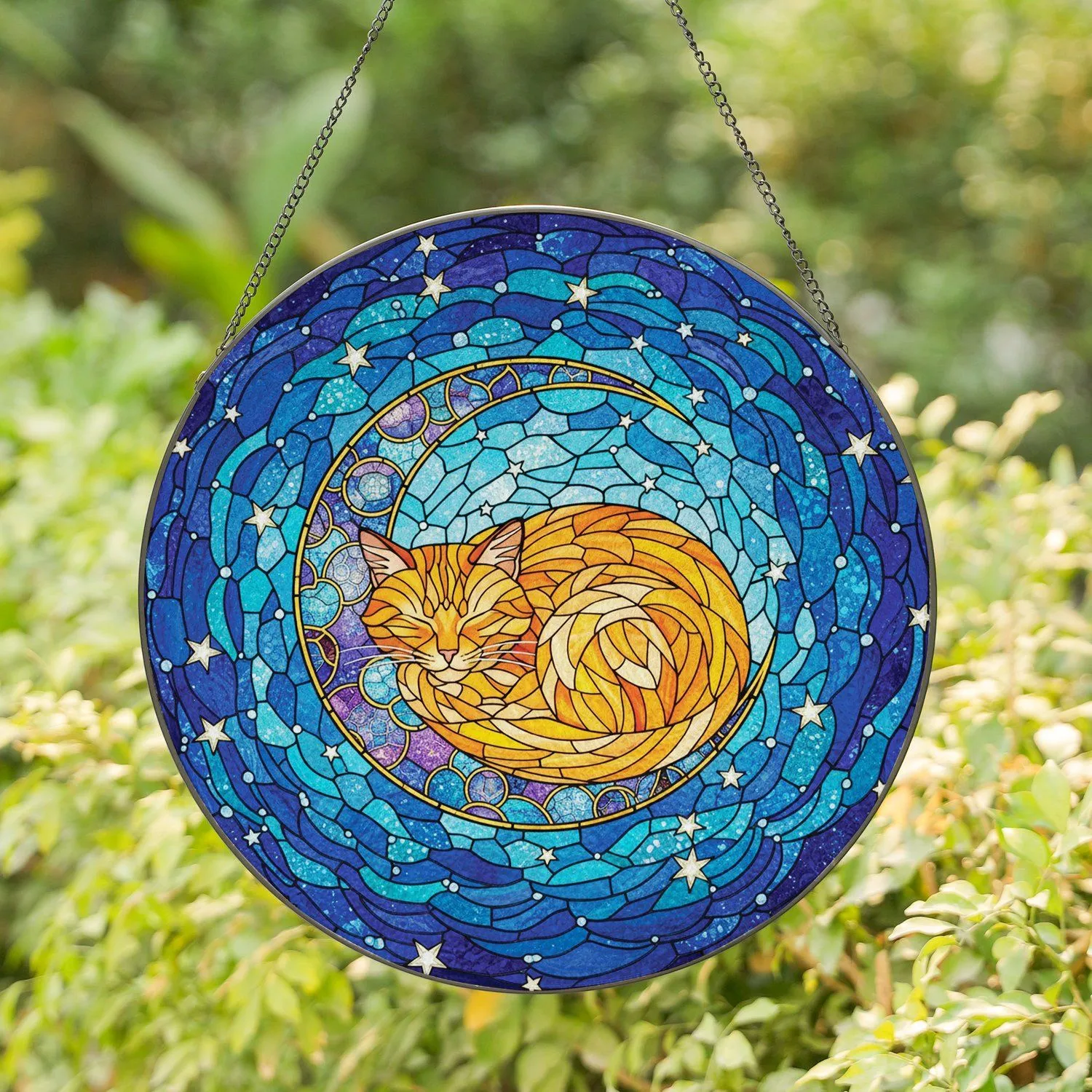 Sleeping Orange Tabby Cat Crescent Moon Starry Sky - Home Decor Gift for Cat Lover Stained Glass Suncatcher - 1