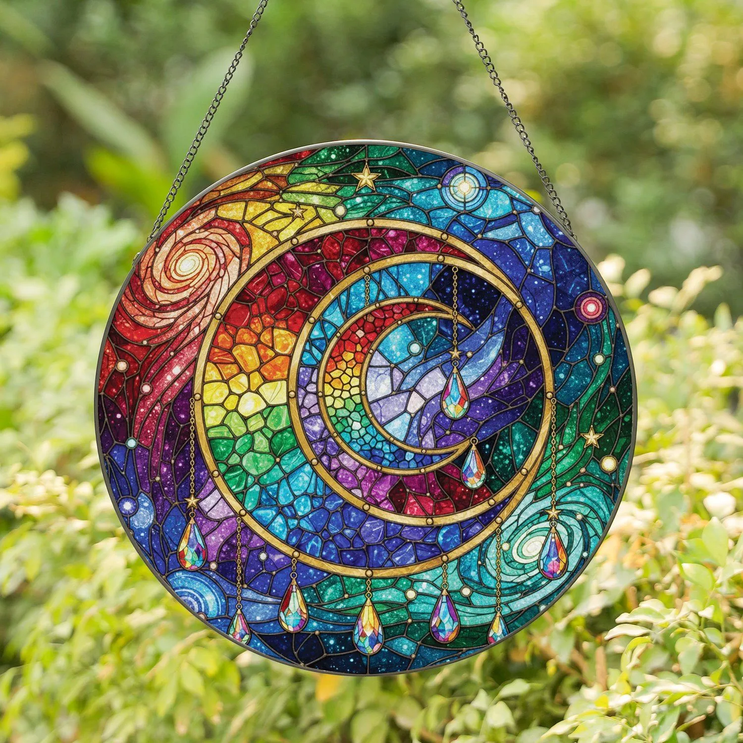 Golden Crescent Moon Rainbow Celestial Stars Sky - Home Decor Gift Stained Glass Suncatcher - 1