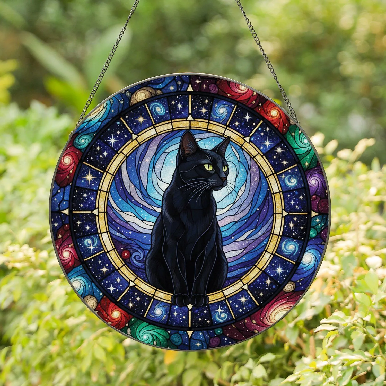Black Cat Yellow Eyes Stained Glass Celestial Nebula Starry Sky Home Decor Gift Cat Lover Stained Glass Suncatcher - 1