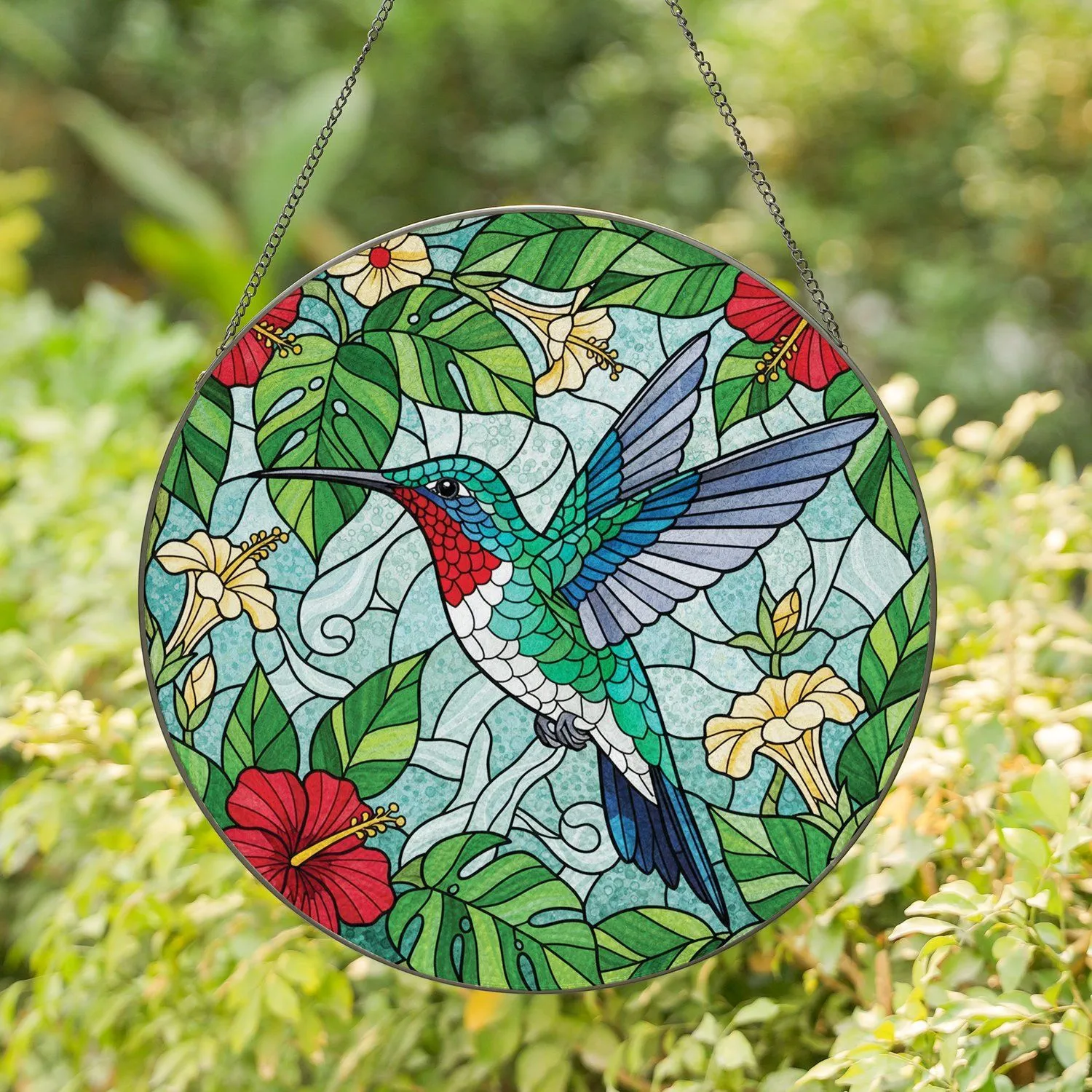 Ruby-throated Hummingbird Tropical Hibiscus Floral Botanical - Home Decor Gift for Bird Lover Stained Glass Suncatcher - 1