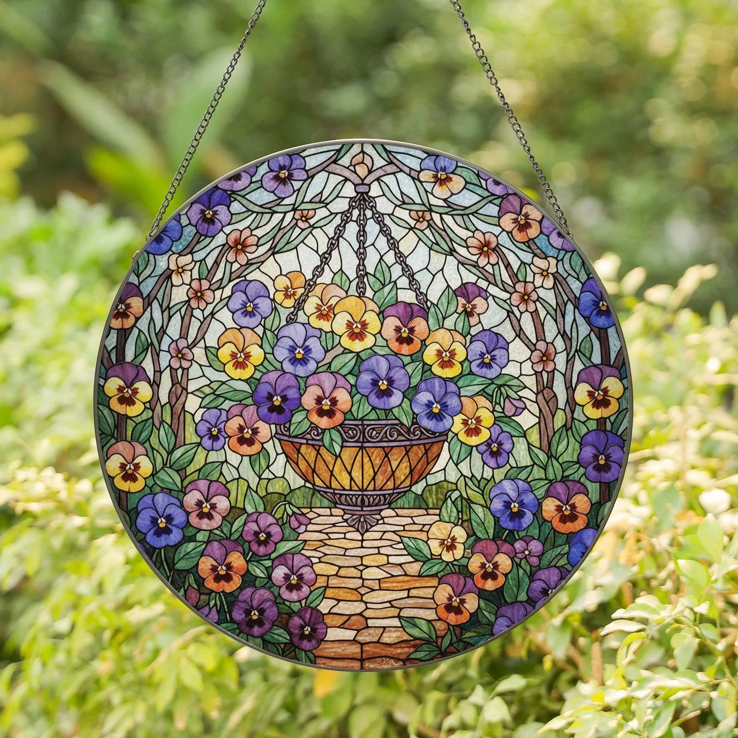 Stained Glass Hanging Basket Pansy Flowers Garden Landscape Home Decor Gift For Flower Lover Stained Glass Suncatcher - 1