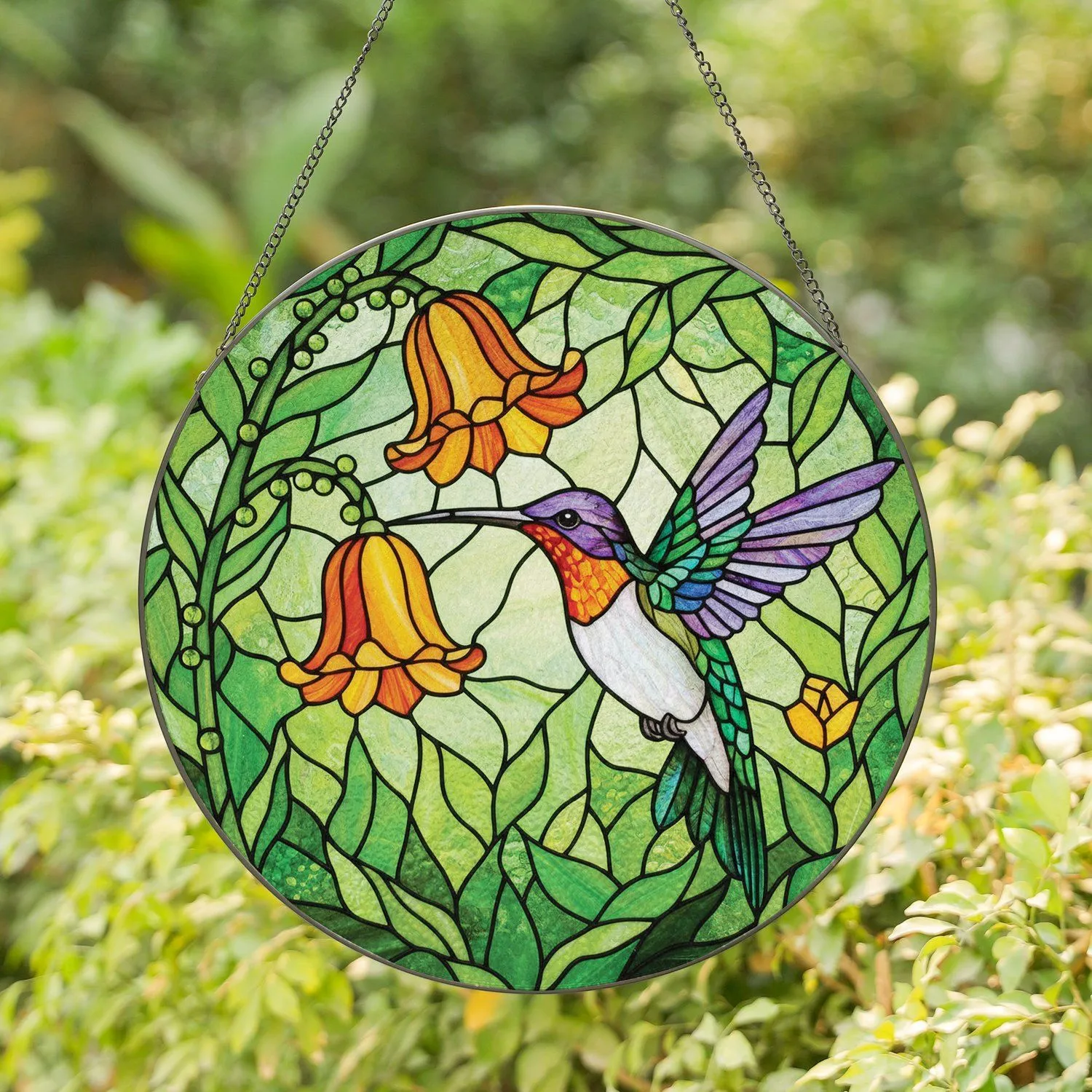 Hummingbird Bell Flowers Foliage - Garden Home Decor Gift for Wildlife Lover Stained Glass Suncatcher - 1