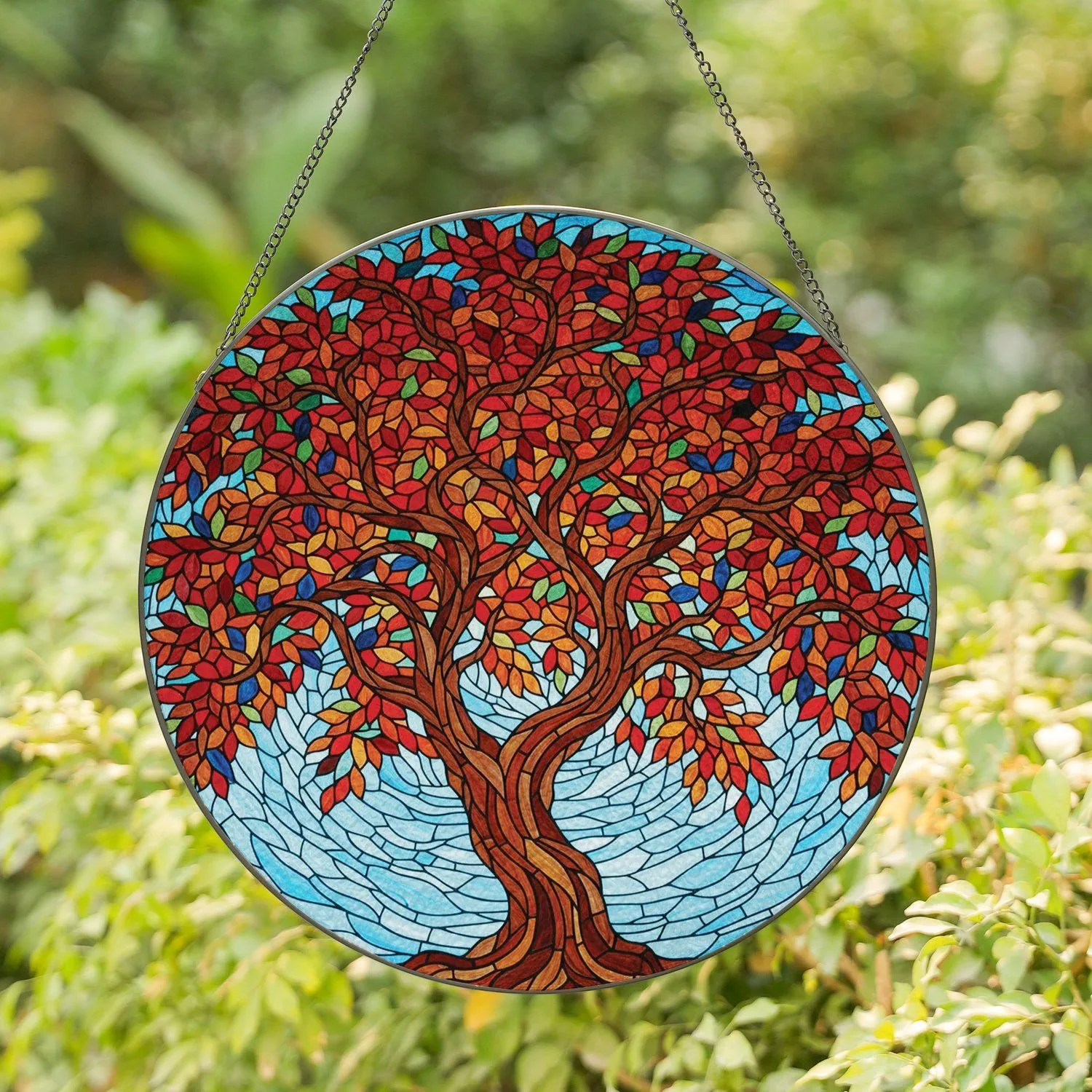 Vibrant Stained Glass Tree Colorful Leaves Aqua Sky Mosaic - Indoor Home Decor Gift Stained Glass Suncatcher - 1