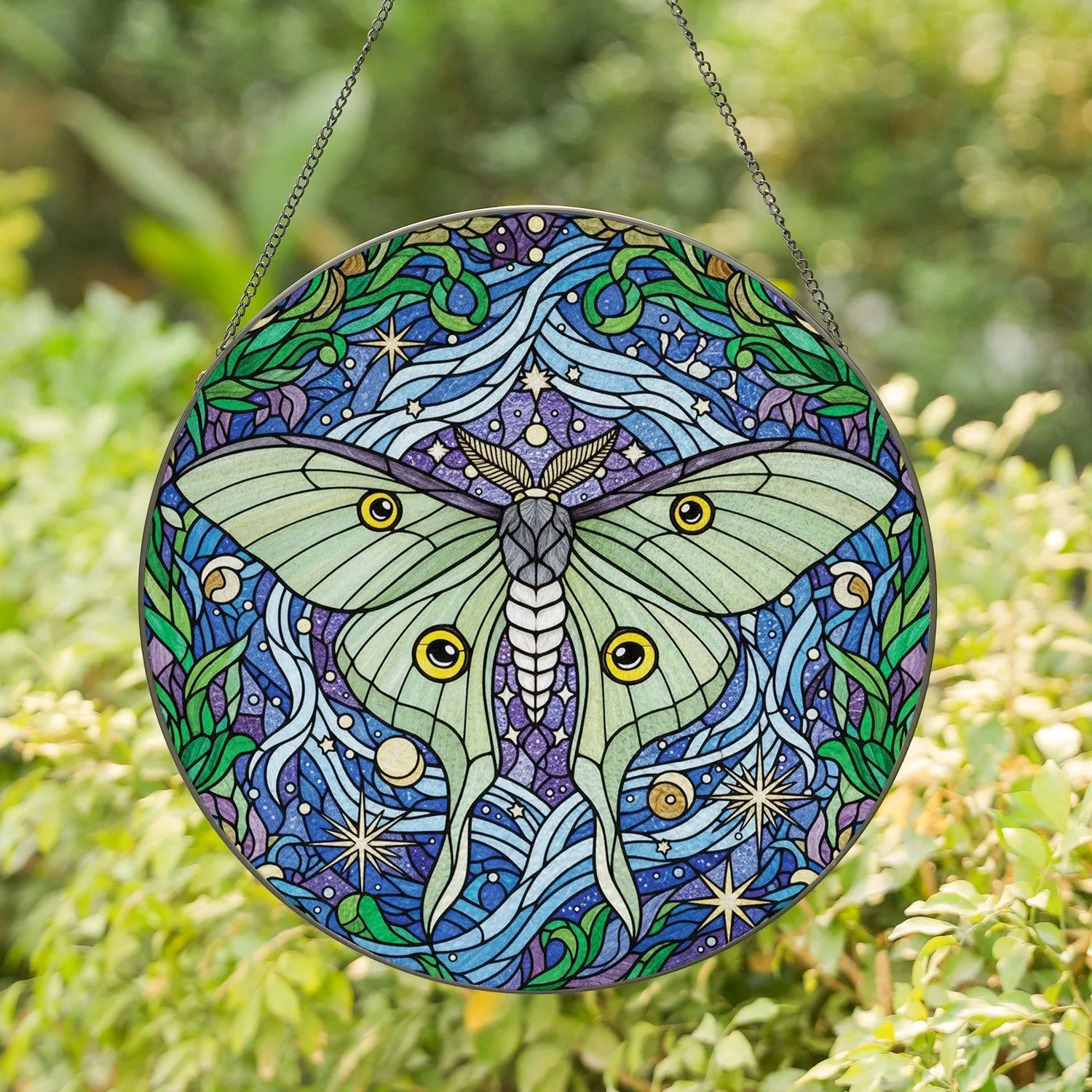 Pale Green Luna Moth Eyespot Tiffany Glass Nocturnal Garden Home Decor Gift Stained Glass Suncatcher - 1