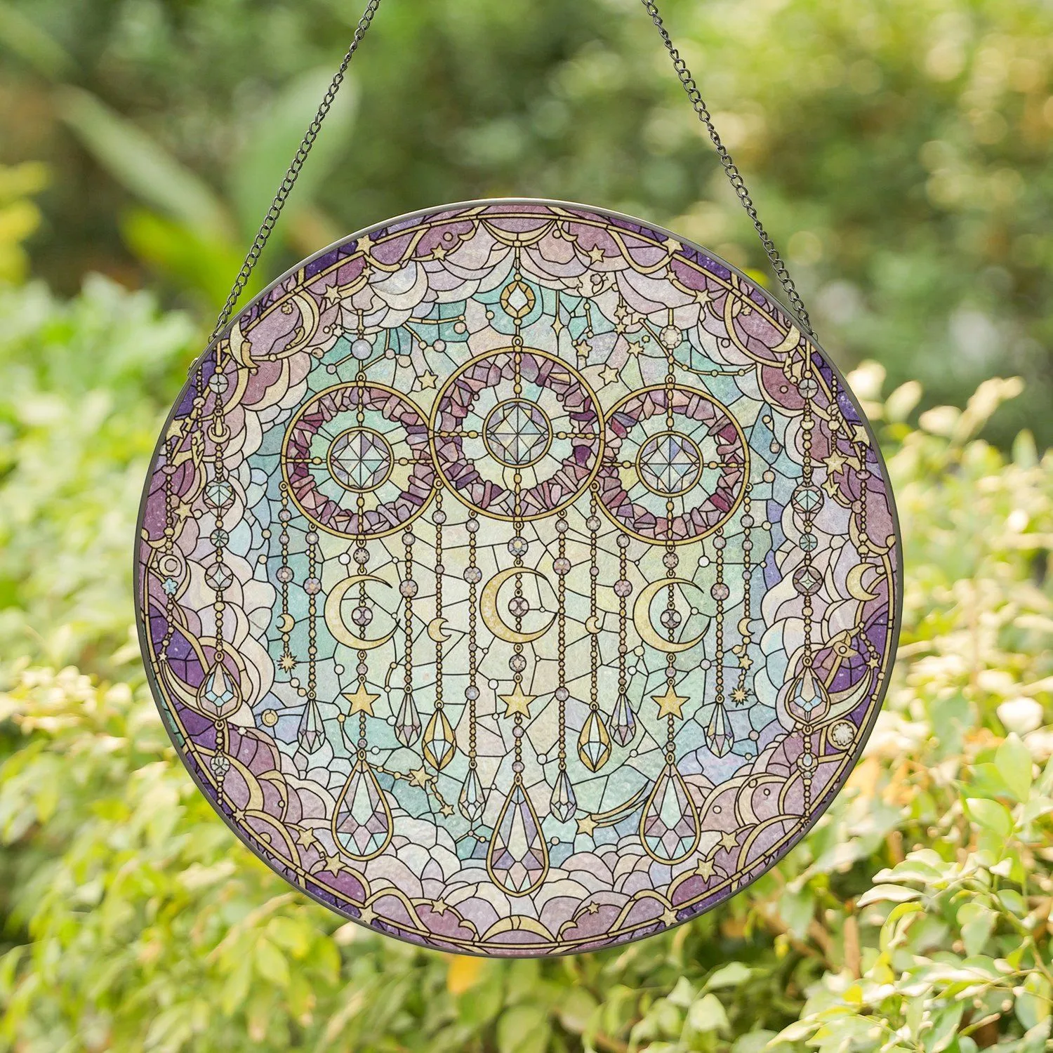 Golden Crescent Moon Star Crystal Orb Shimmering Strands Celestial Lover Gift Stained Glass Suncatcher - 1