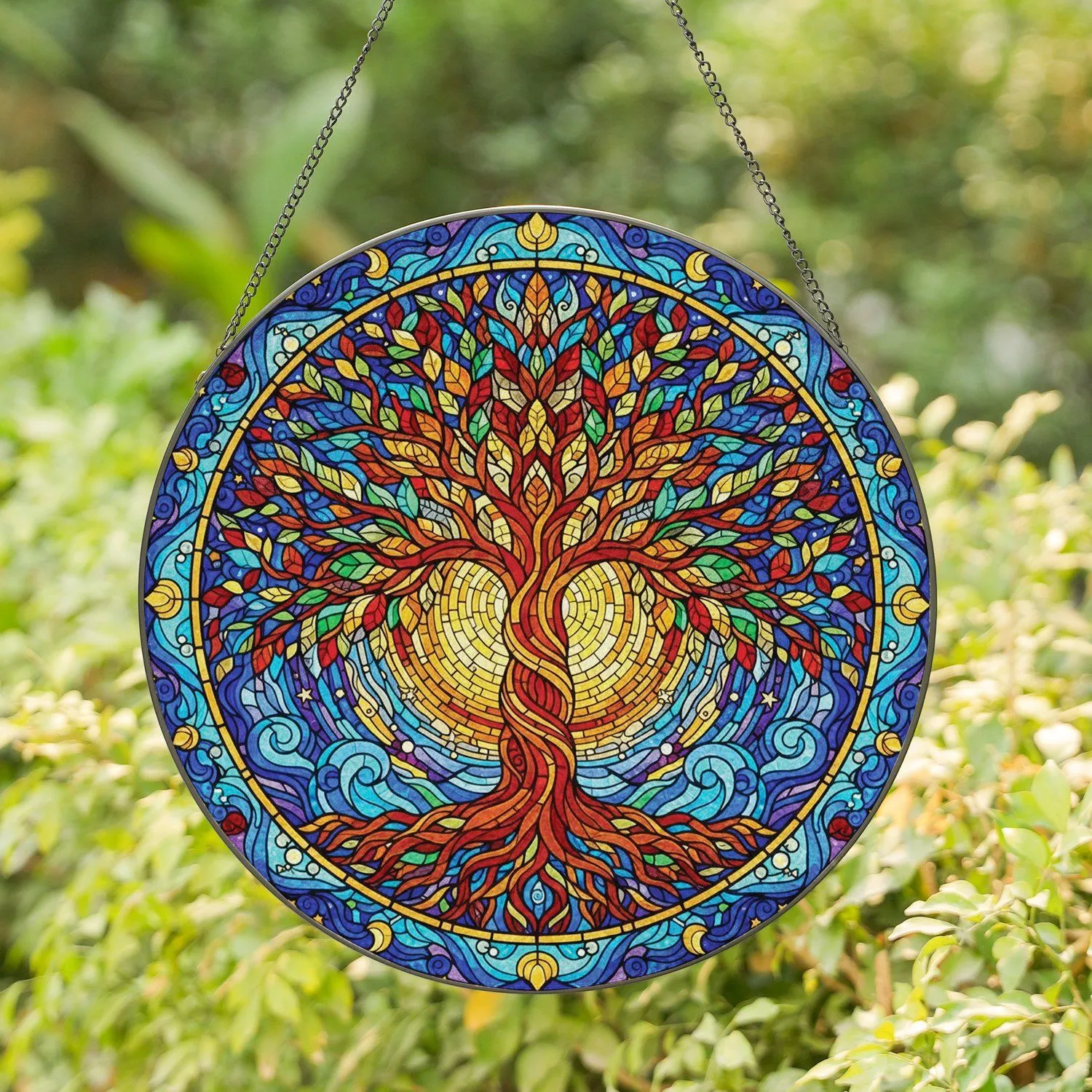 Tree of Life Intertwining Roots Swirling Sky Circular Border - Home Decor Gift Stained Glass Suncatcher - 1