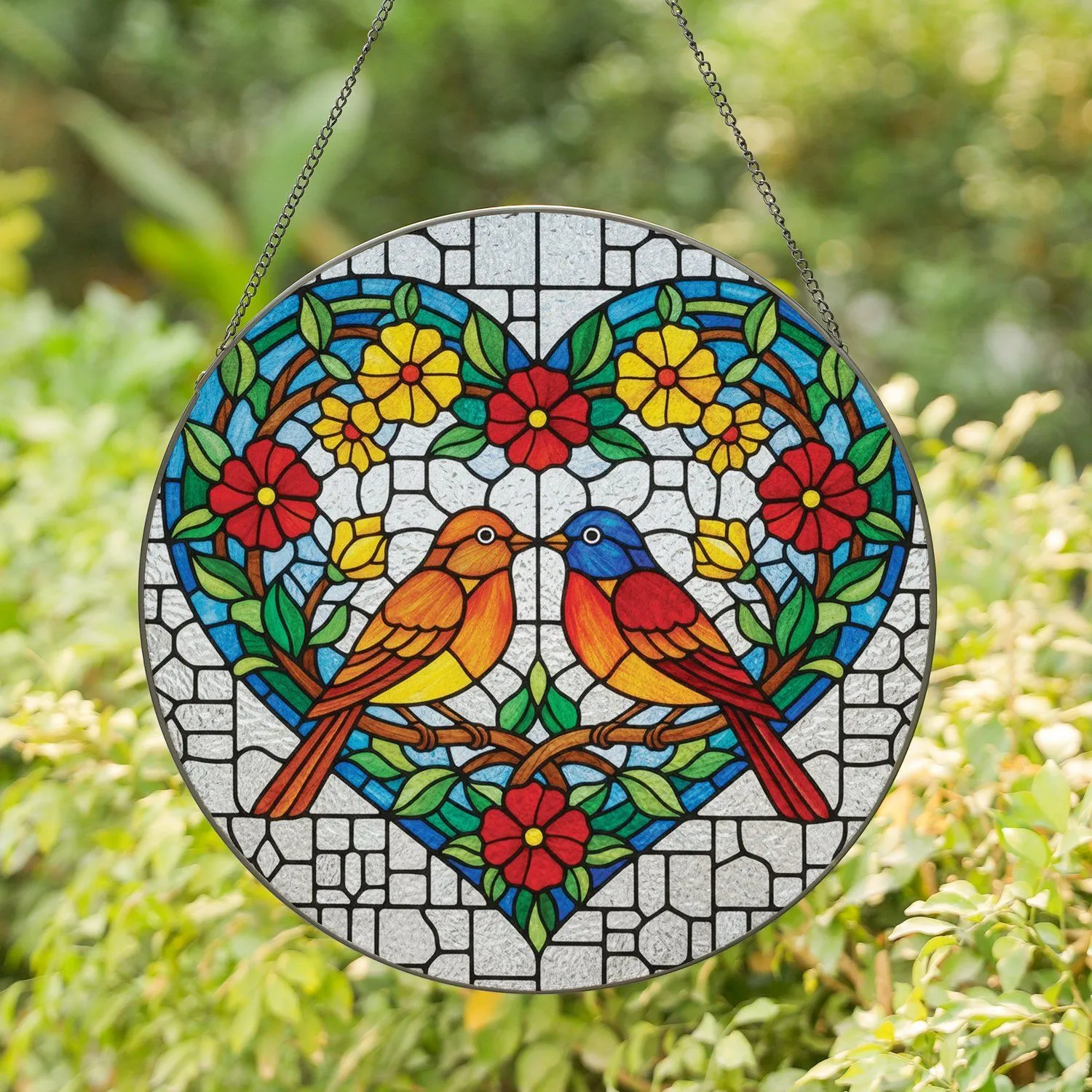 Colorful Lovebirds on Branch with Flowers Leaves Heart - Couples Home Decor Gift Stained Glass Suncatcher - 1