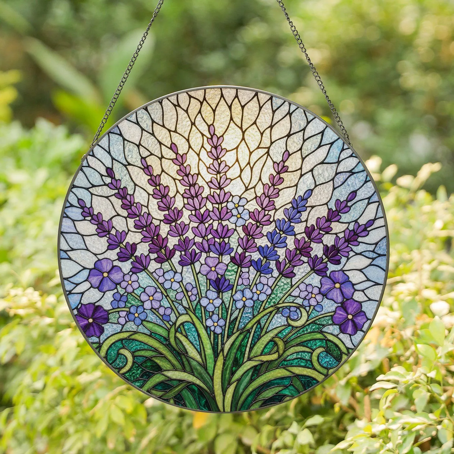 Lavender Bouquet Purple Blue Flowers Green Leaves Mosaic - Ethereal Home Decor Gift Stained Glass Suncatcher - 1