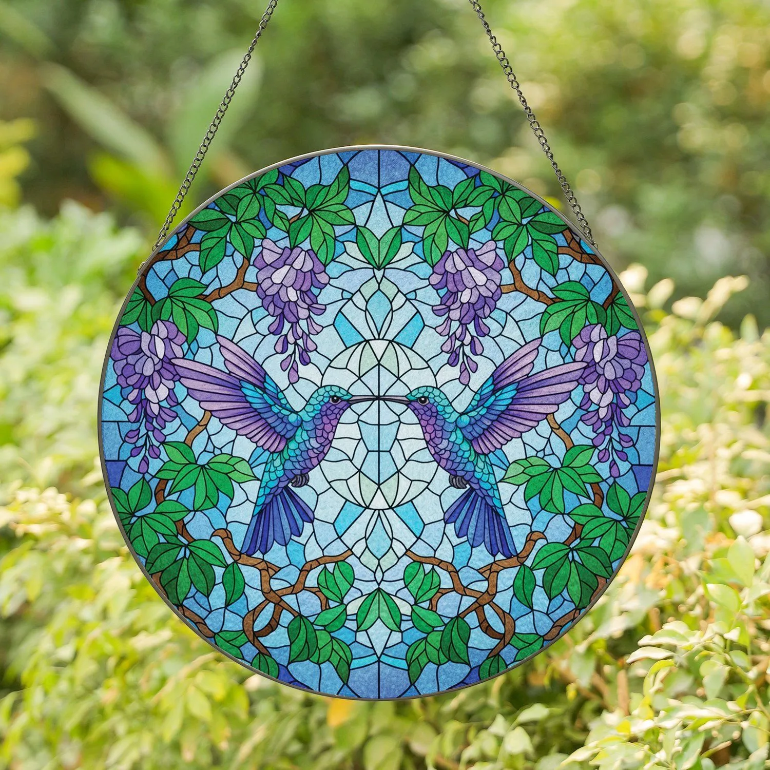 Iridescent Hummingbirds Wisteria Stained Glass - Wildlife Lover Home Decor Gift Stained Glass Suncatcher - 1