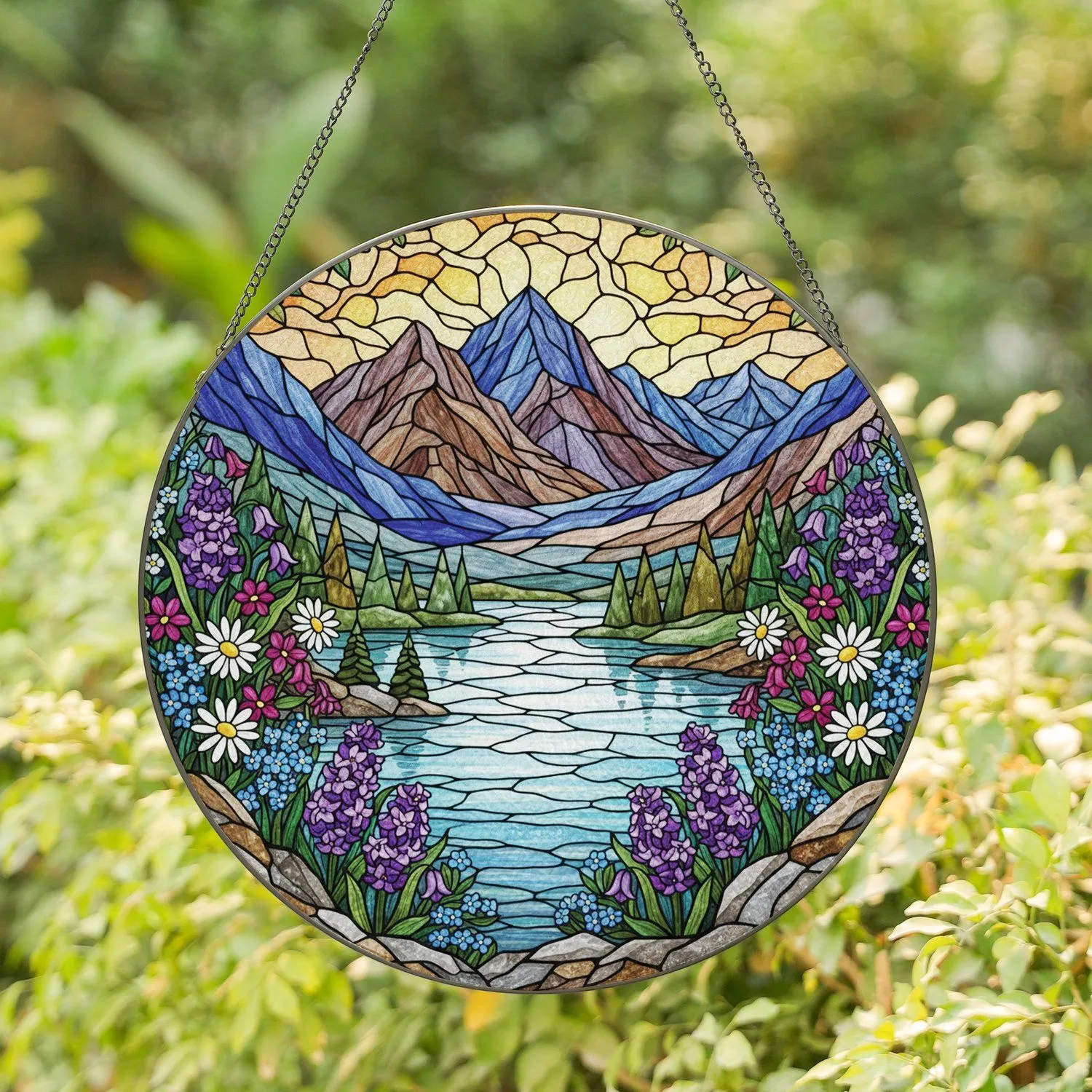 Mountain Lake Wildflower Evergreen Peaks Landscape - Nature Home Decor Gift Stained Glass Suncatcher - 1