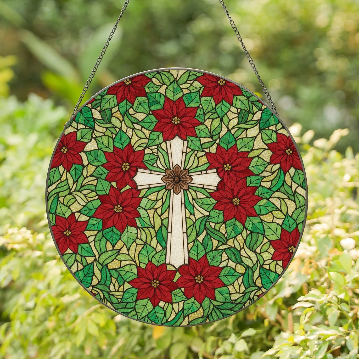 Christian Cross Poinsettia Flowers - Christmas Holiday Home Decor for Christian Faith Stained Glass Suncatcher - 1