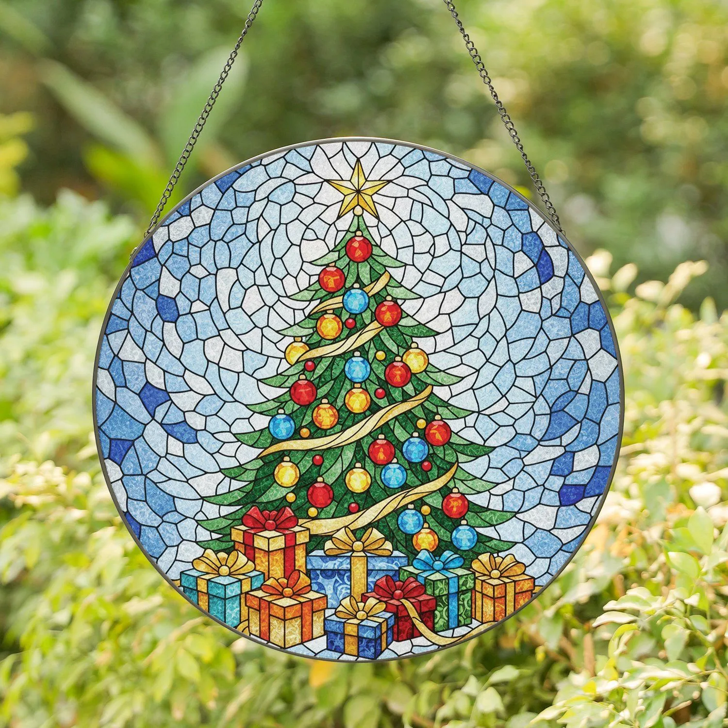 Christmas Tree Baubles Gift Boxes Golden Star Frosty Winter Sky - Christmas Home Decor Stained Glass Suncatcher - 1
