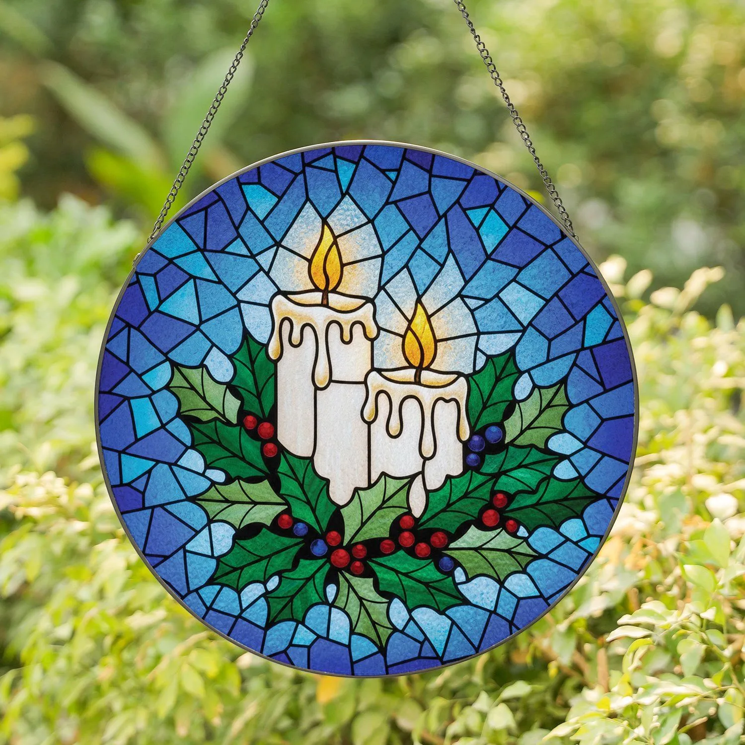 Pillar Candles Holly Berries Stained Glass Mosaic - Christmas Decor Gift Stained Glass Suncatcher - 1