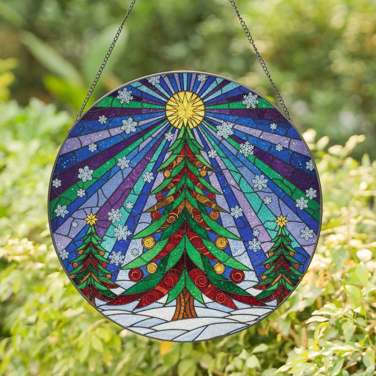 Christmas Tree Golden Star Snowy Landscape - Luminous Holiday Home Decor Gift Stained Glass Suncatcher - 1