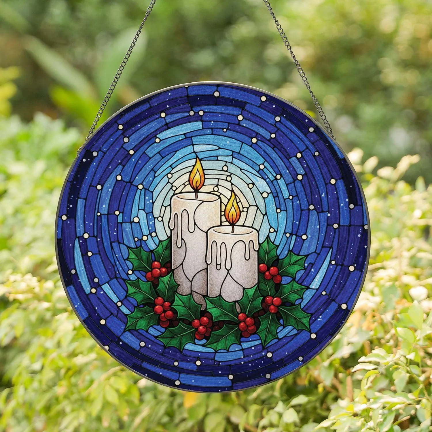 Holly Berry Advent Wreath Glowing Pillar Candles Celestial - Christmas Home Decor Gift Stained Glass Suncatcher - 1