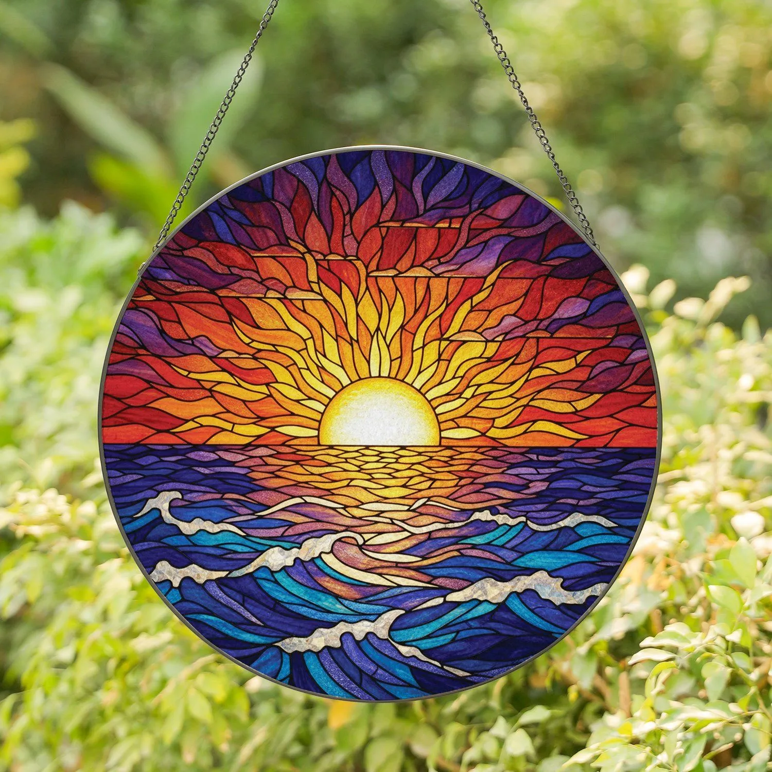 Setting Sun Golden Rays Turbulent Ocean Cloud Formations - Home Decor Gift Stained Glass Suncatcher - 1