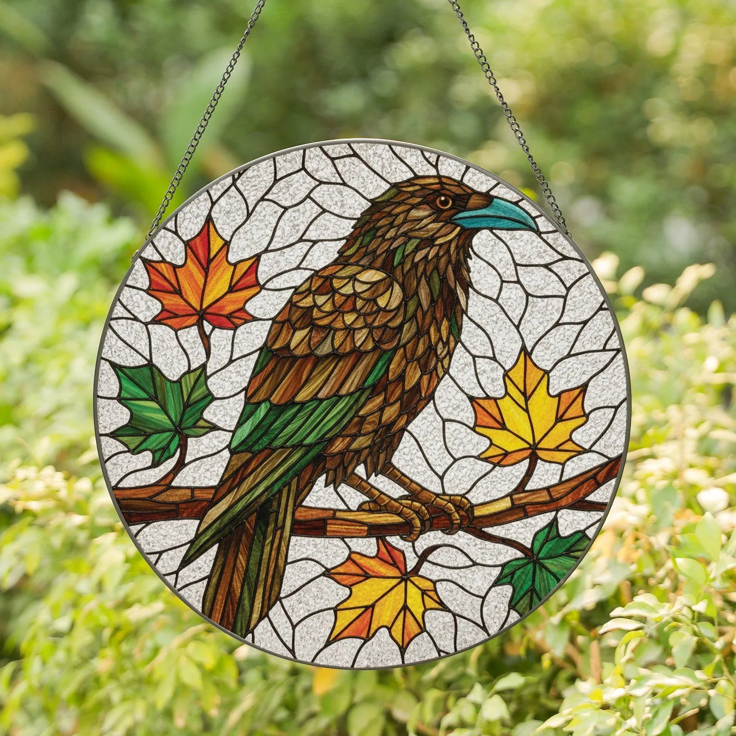 Crow Raven Bird Tree Autumn Leaves - Autumn Home Decor Gift for Nature Lover Stained Glass Suncatcher - 1